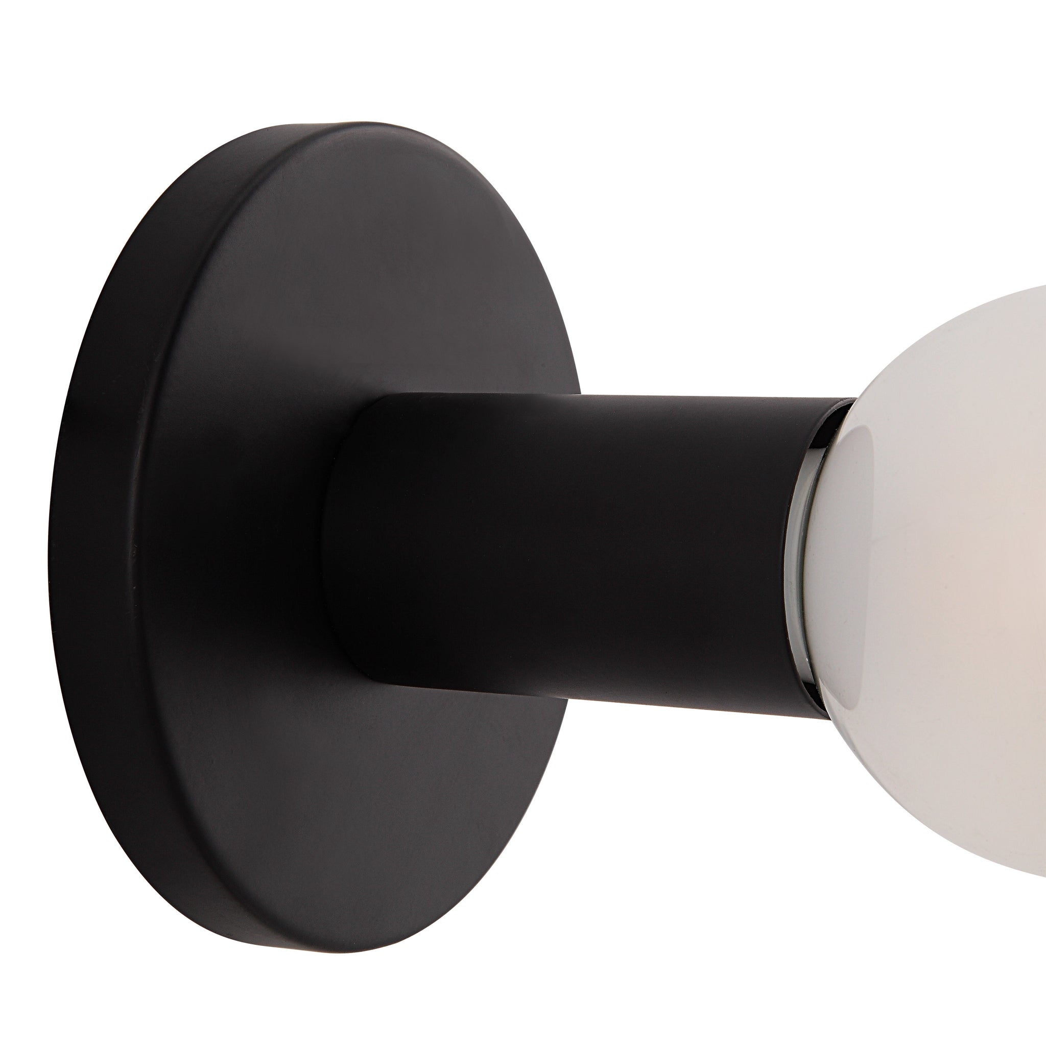 Thessa Wall Sconce close-up showing black mount and white glass bulb.