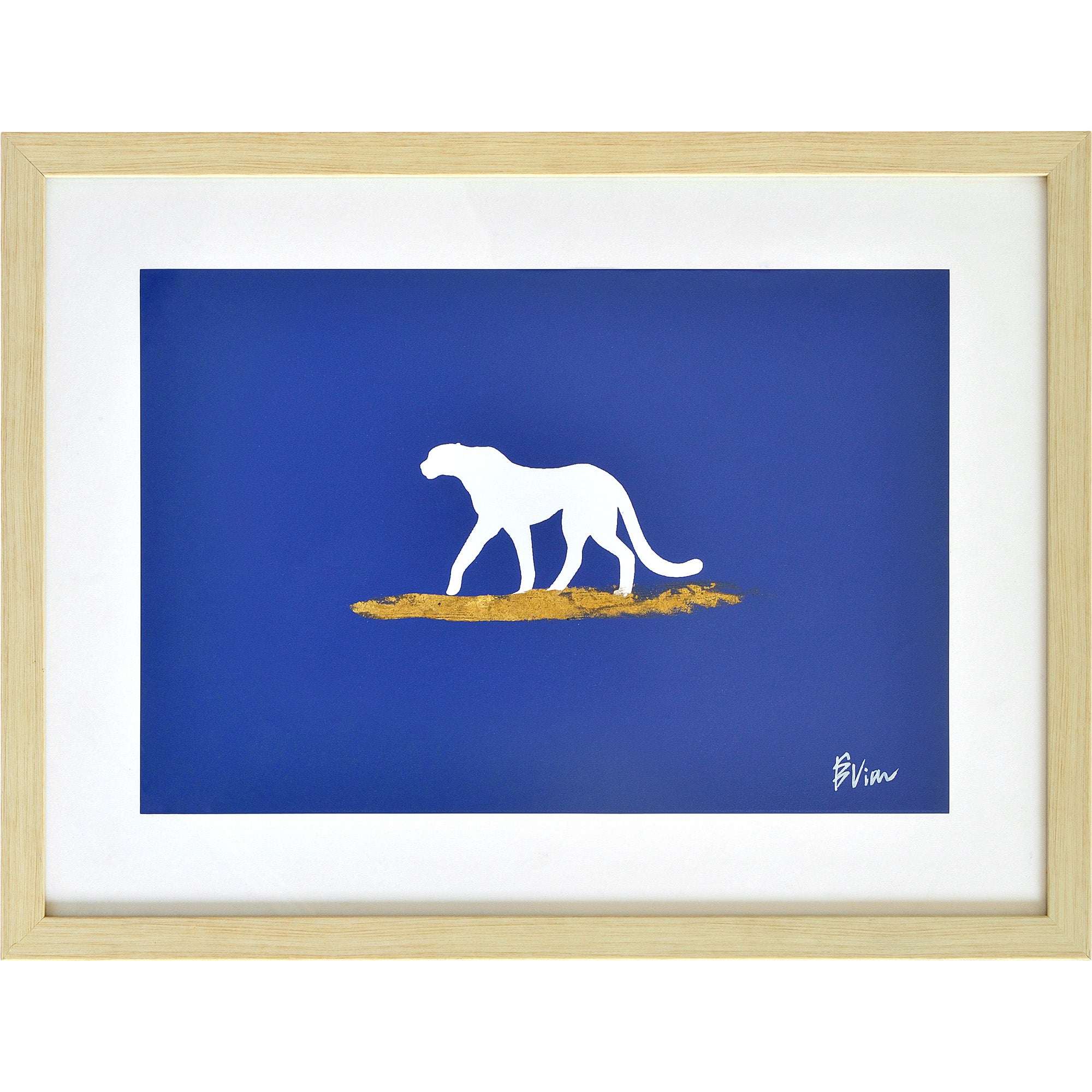 Makalu Wall Art depicting a white silhouette of a walking cat on a blue background with gold highlights.
