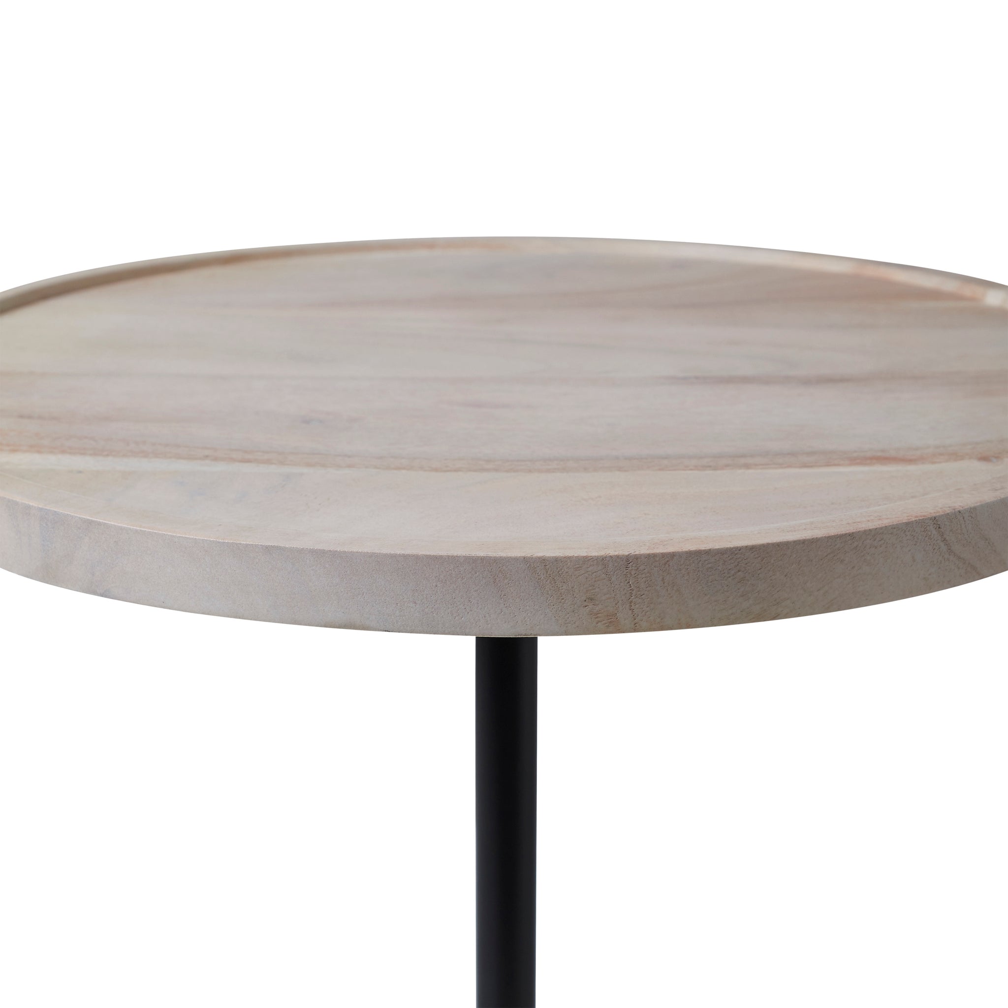 Antares Side Table featuring a close-up of the light wood round top and black metal support.