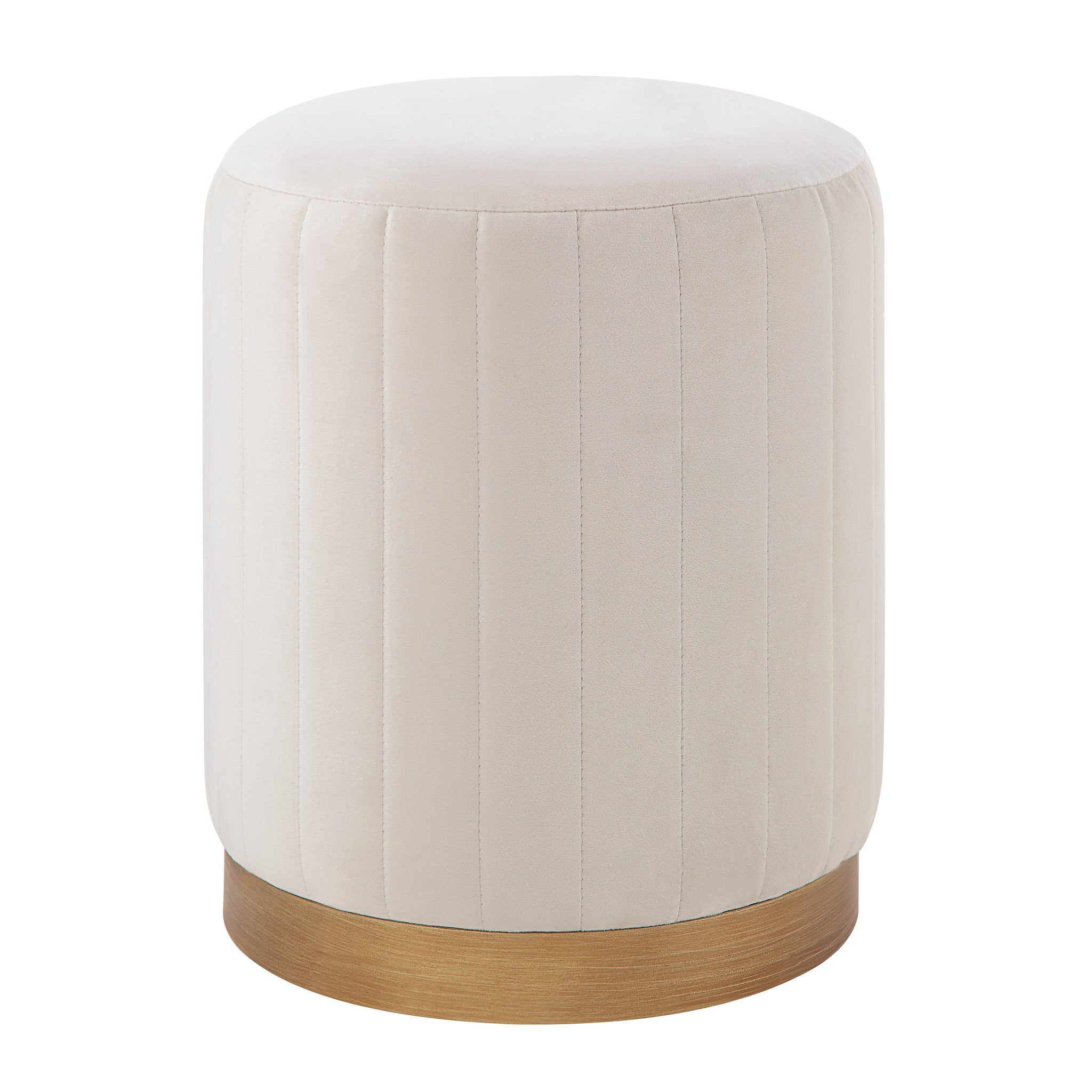 Baylor Ottoman in soft beige velvet with vertical stitching and gold base