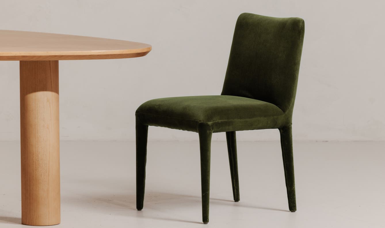 angle view of Calla Dining Chair Set Of Two Green Velvet luxury Chair