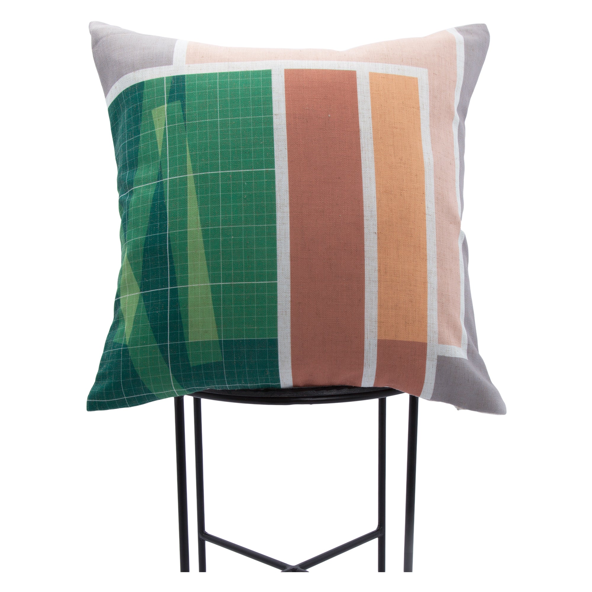 Tomar indoor pillow displayed on a black metal stand, showcasing a colorful geometric design.