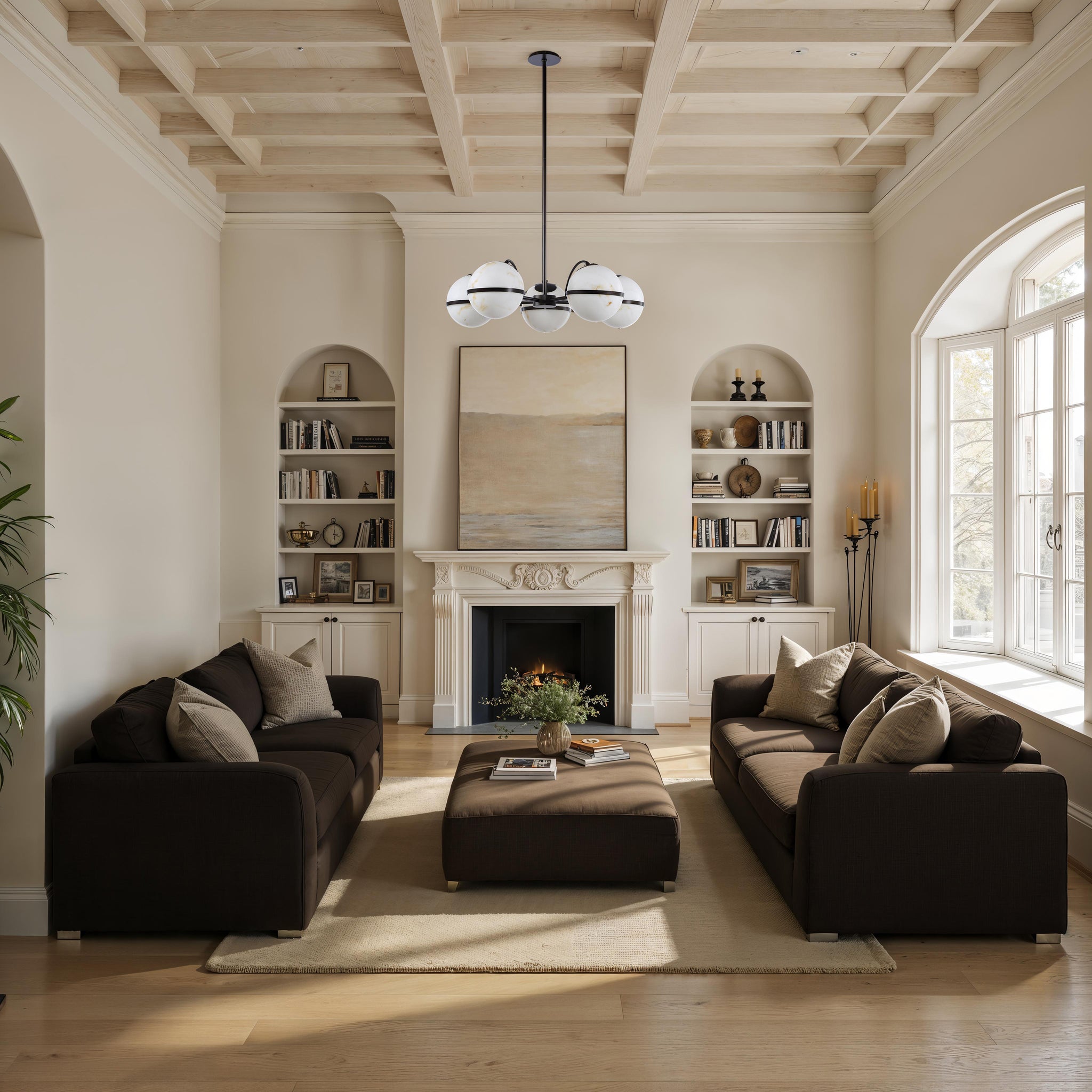 Roca ceiling fixture in a living room setting, featuring five white marble globes above a cozy seating area.