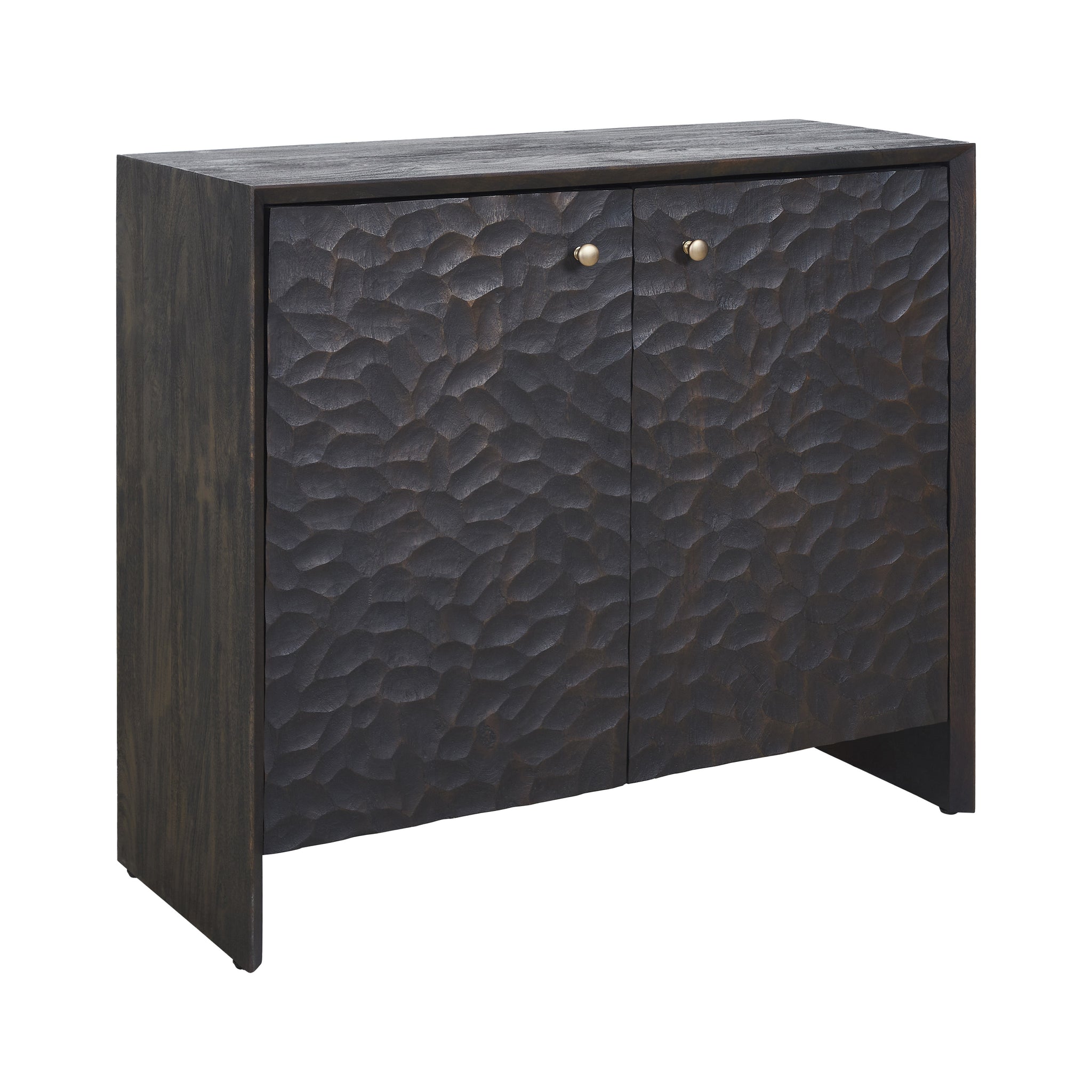 Jean Cabinet by Renwil with a carved dark wood surface and gold hardware