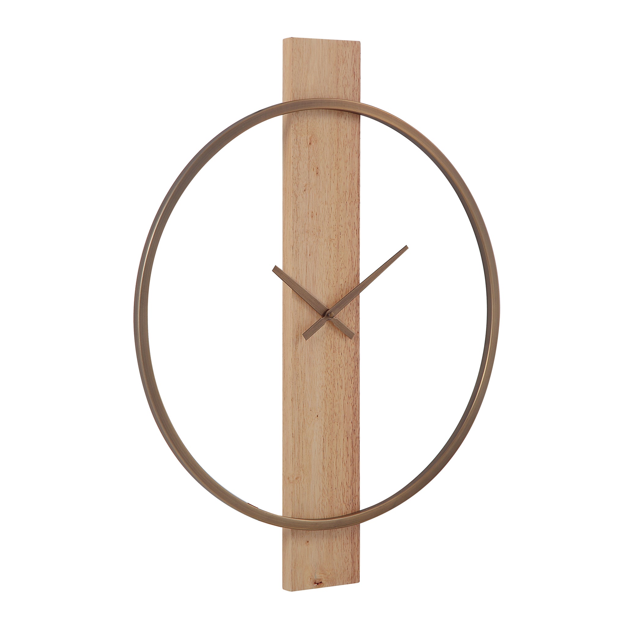 Pollux Wall Clock featuring a circular design with a wooden base and gold accents.