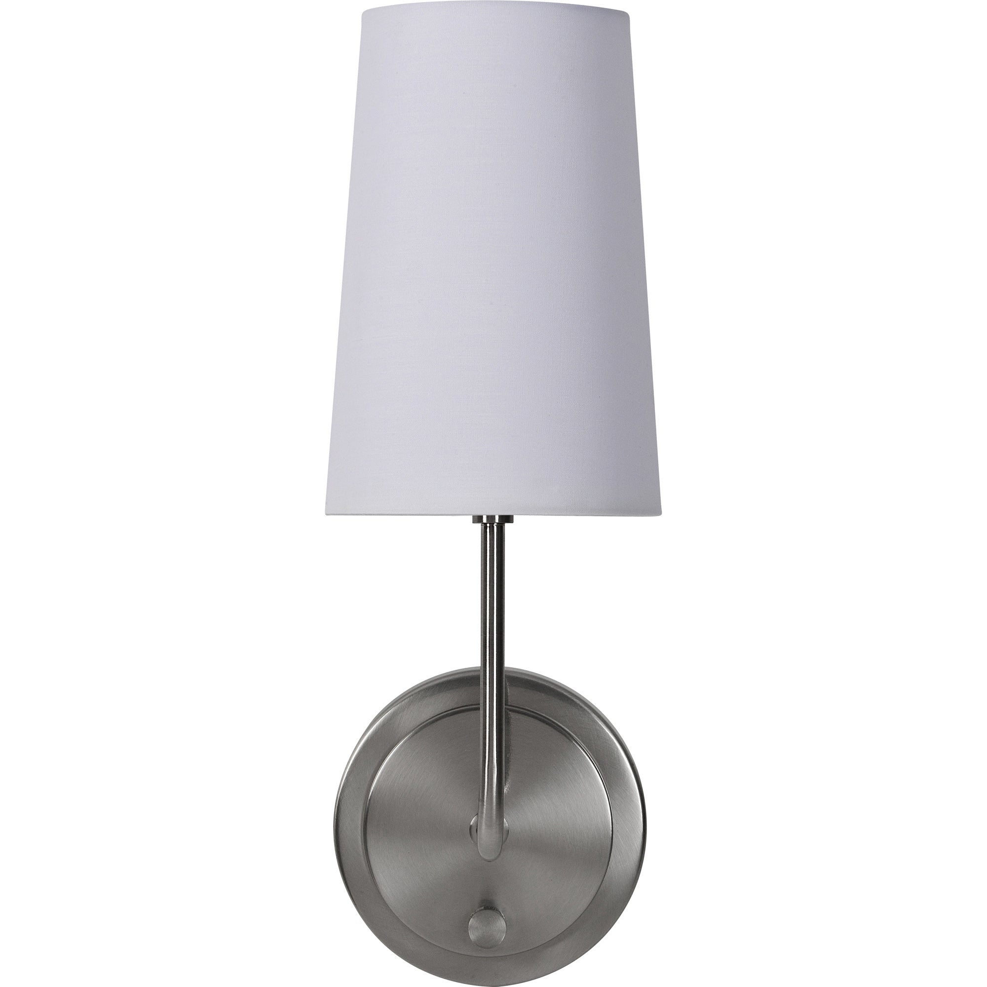 Hydra Wall Sconce with a white fabric shade and brushed nickel arm, mounted on a circular backplate.