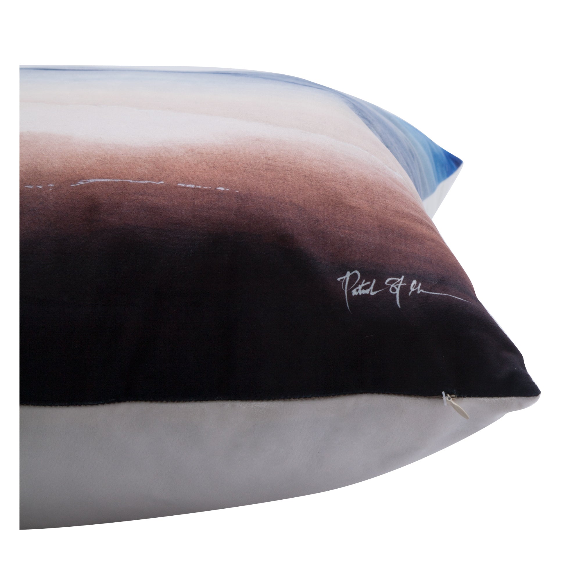 Finch indoor pillow side view showcasing watercolor pattern and signature detail.