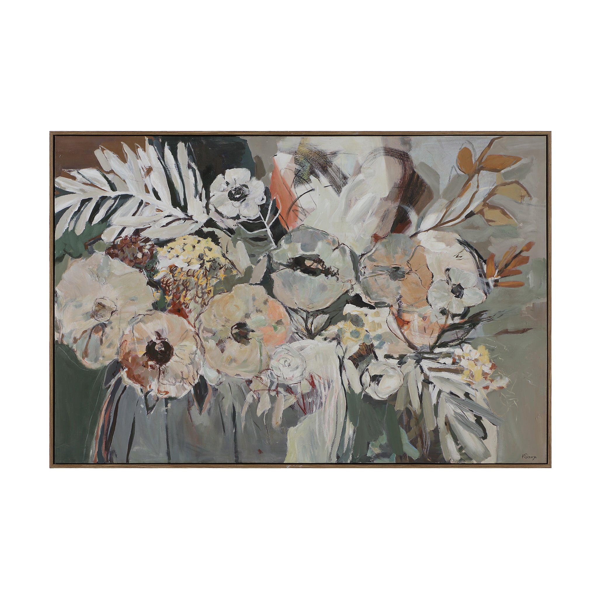 Paine canvas art featuring a floral arrangement with soft colors and abstract leaves.
