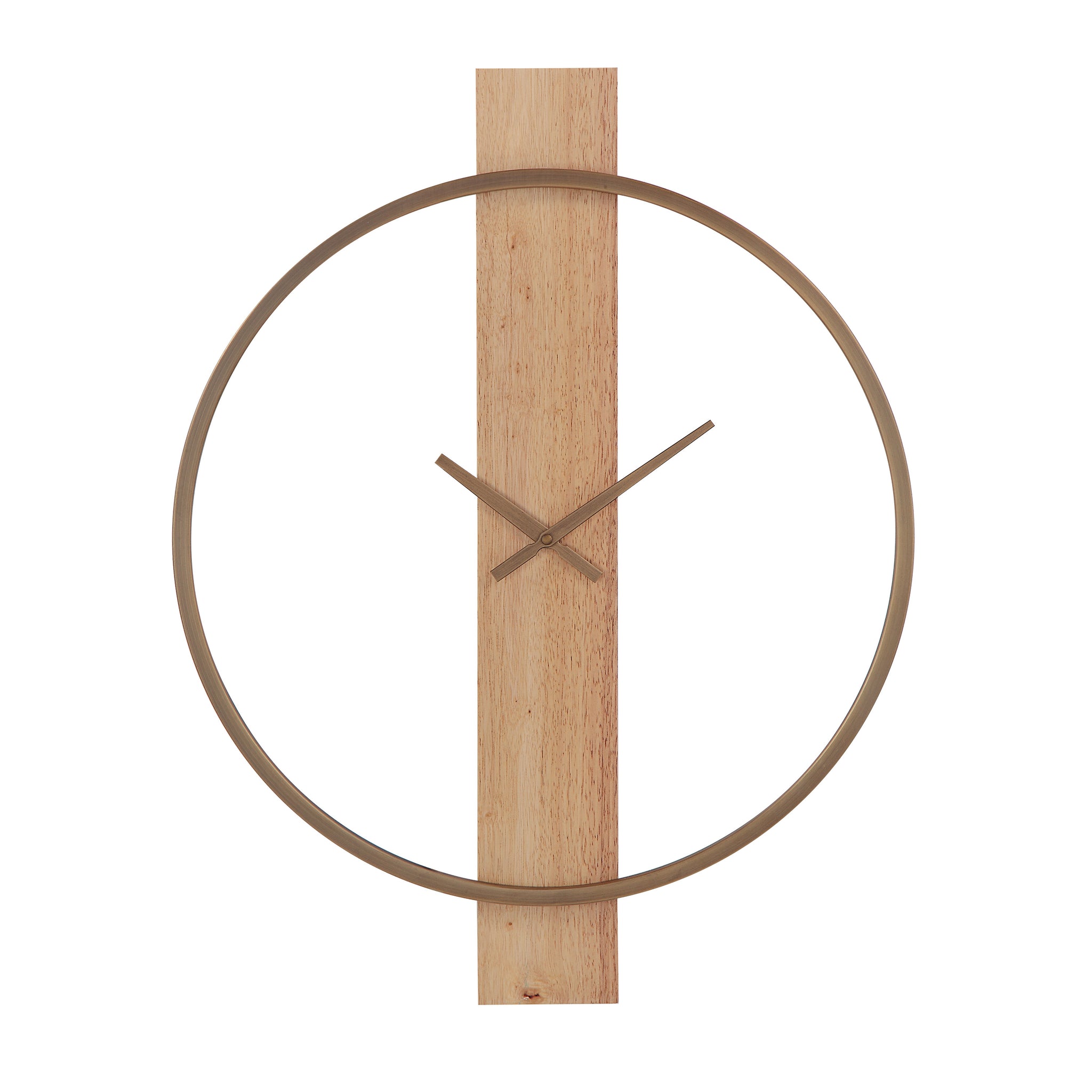 Pollux Wall Clock with a circular gold frame and wooden vertical base.