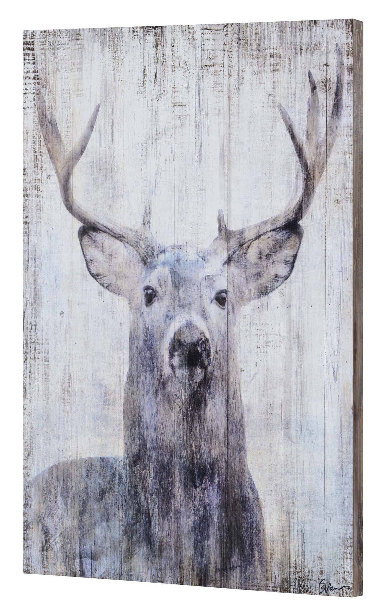 Gaze Wall Art showing a deer portrait with antlers against a rustic wood backdrop.
