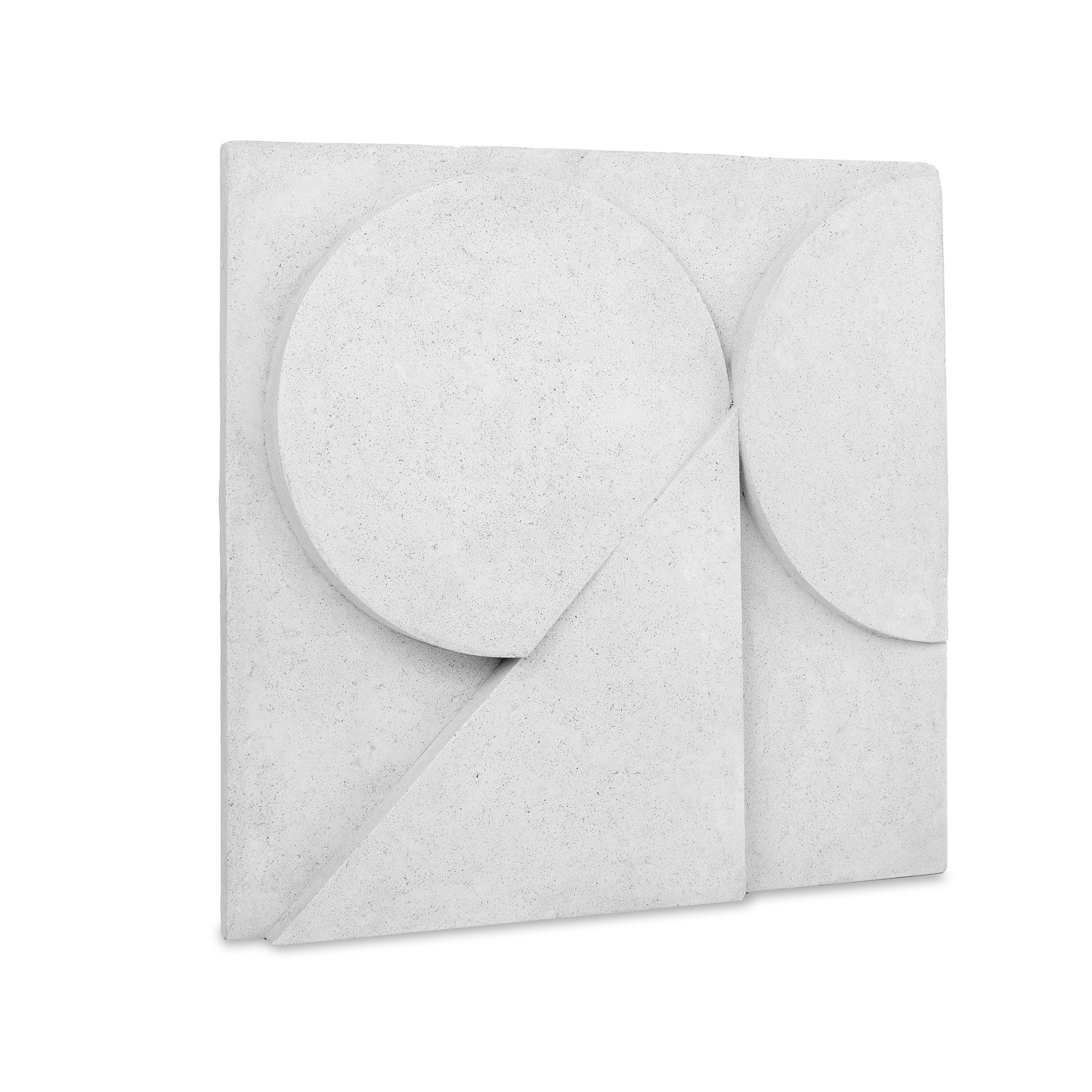 Sahara Wall Art displayed at an angle, showcasing light gray concrete with circular and triangular elements.