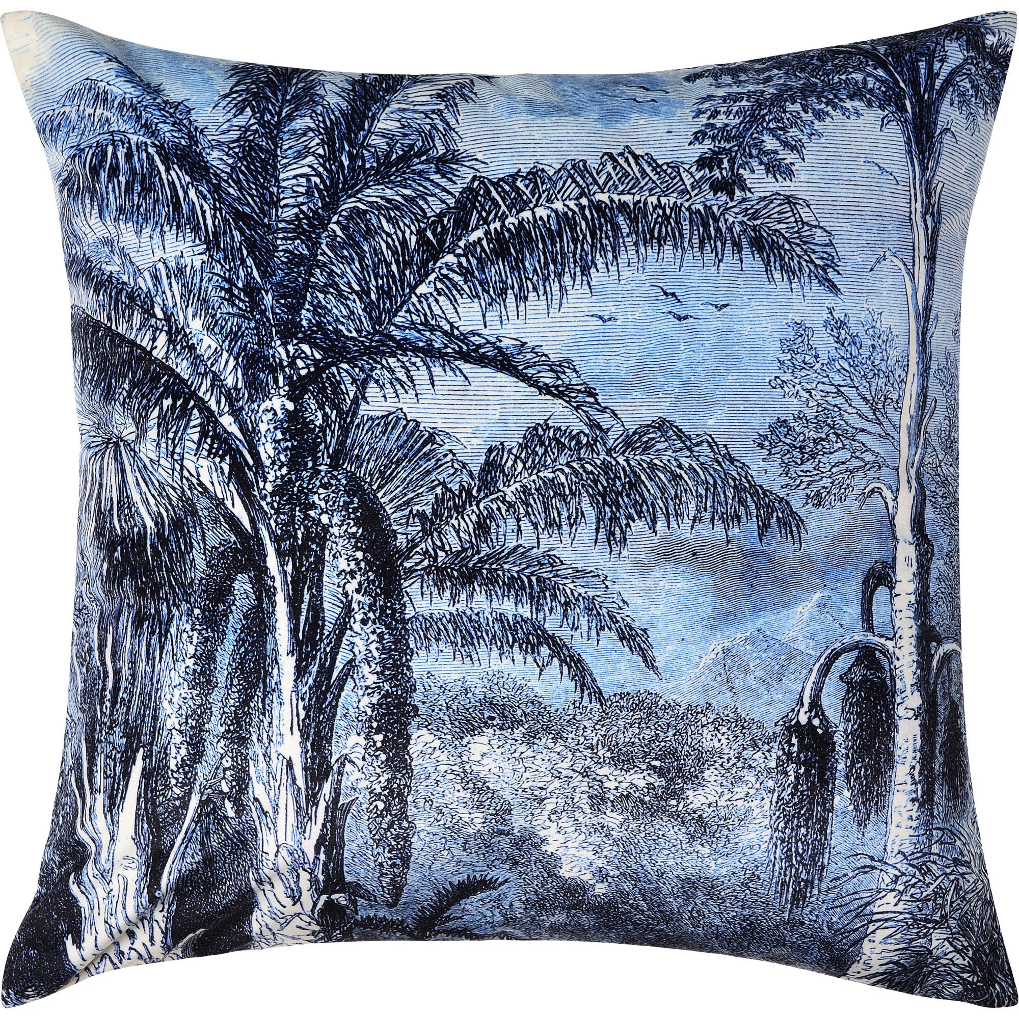 Jona Indoor Pillow featuring a blue and white palm tree design on a textured fabric.