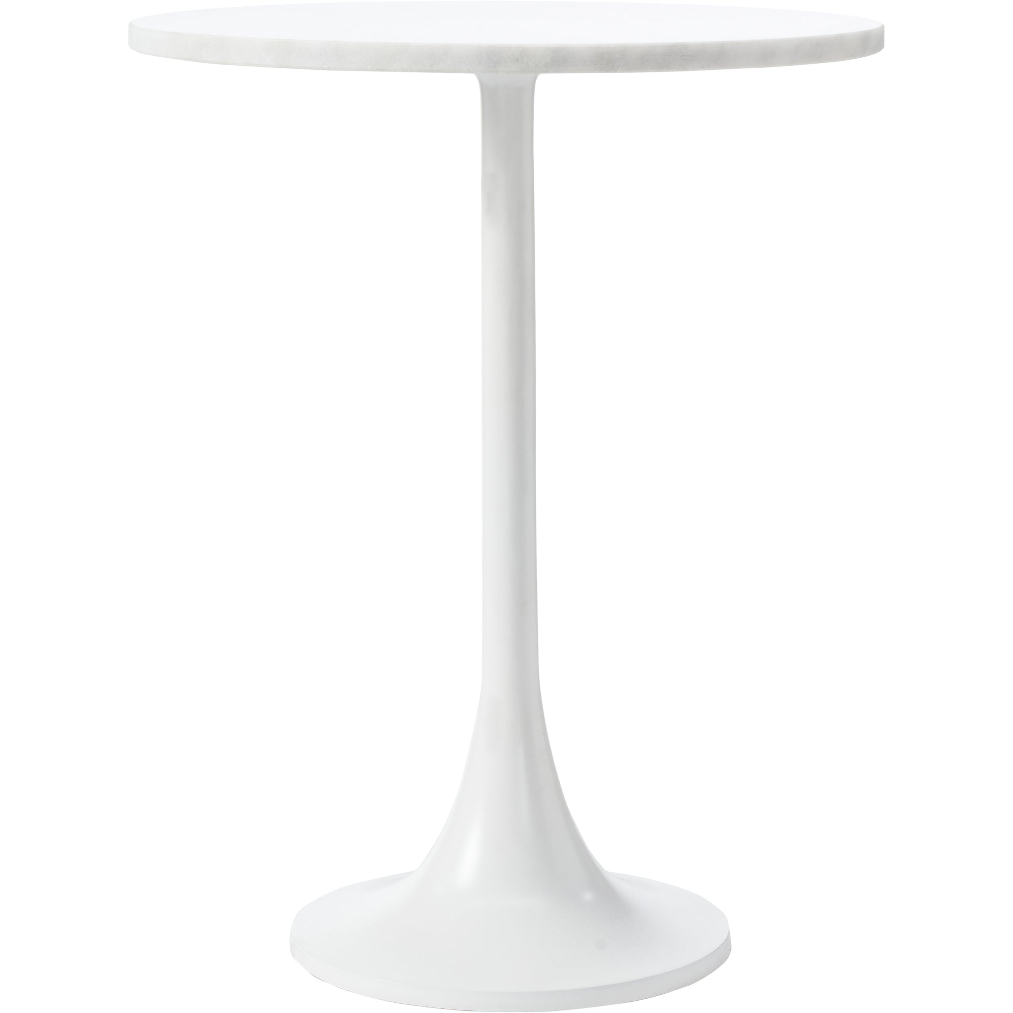 Alina Table in white with a round top and sleek pedestal base, minimalist design.