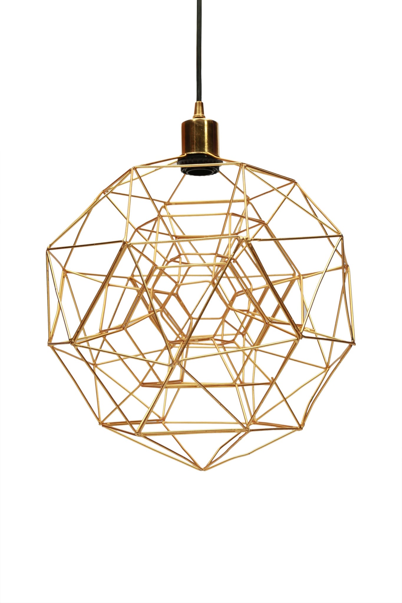 Sidereal ceiling light fixture featuring a gold wireframe structure with a black cord