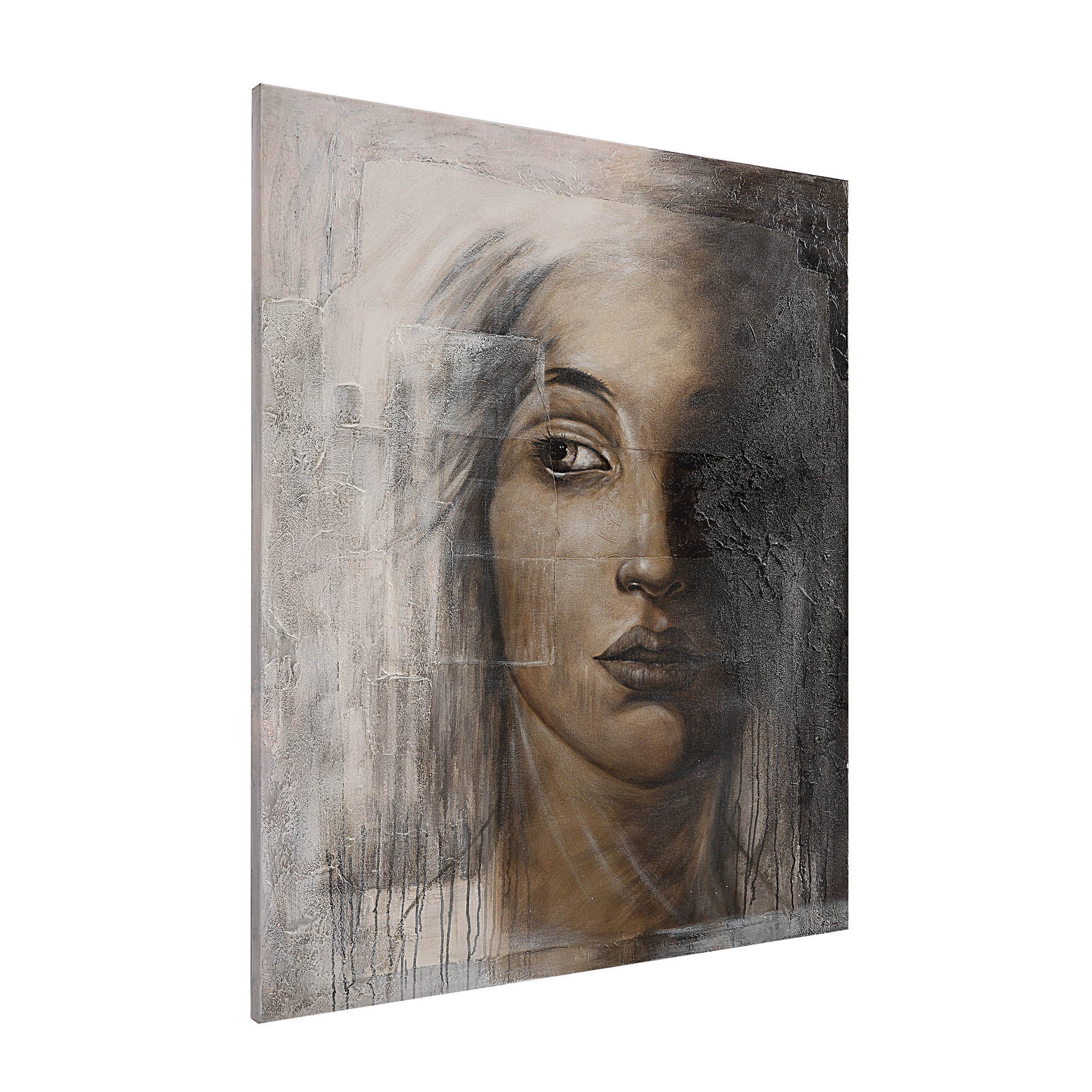 Cassandra Canvas Art side view showcasing a woman's face with a textured gray background.