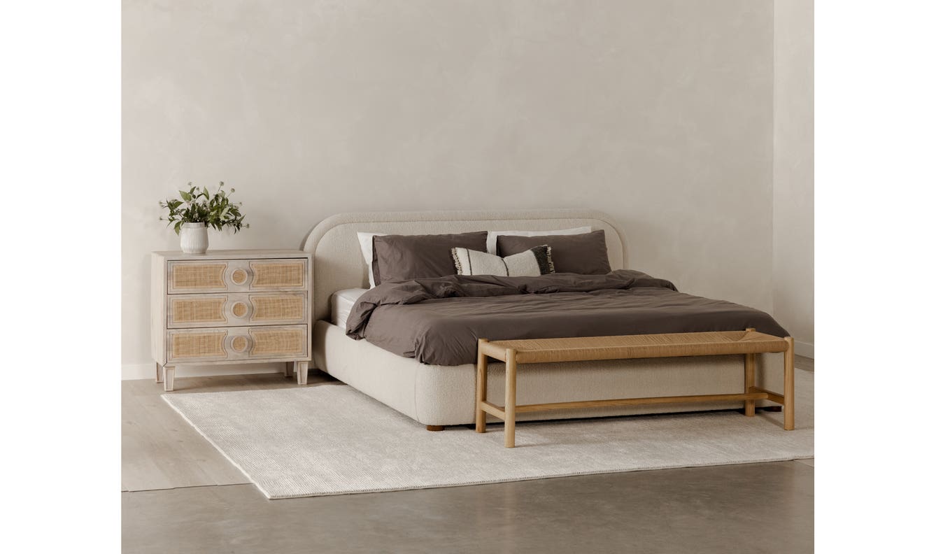lifestyle view of Colin King Bed Beige luxury Beds & Bed Fram