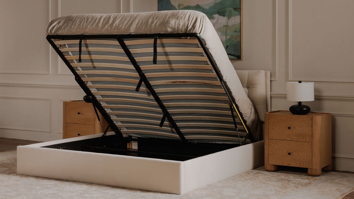 side view of Sebastion Queen Storage Bed Cream luxury Beds & Bed Fram