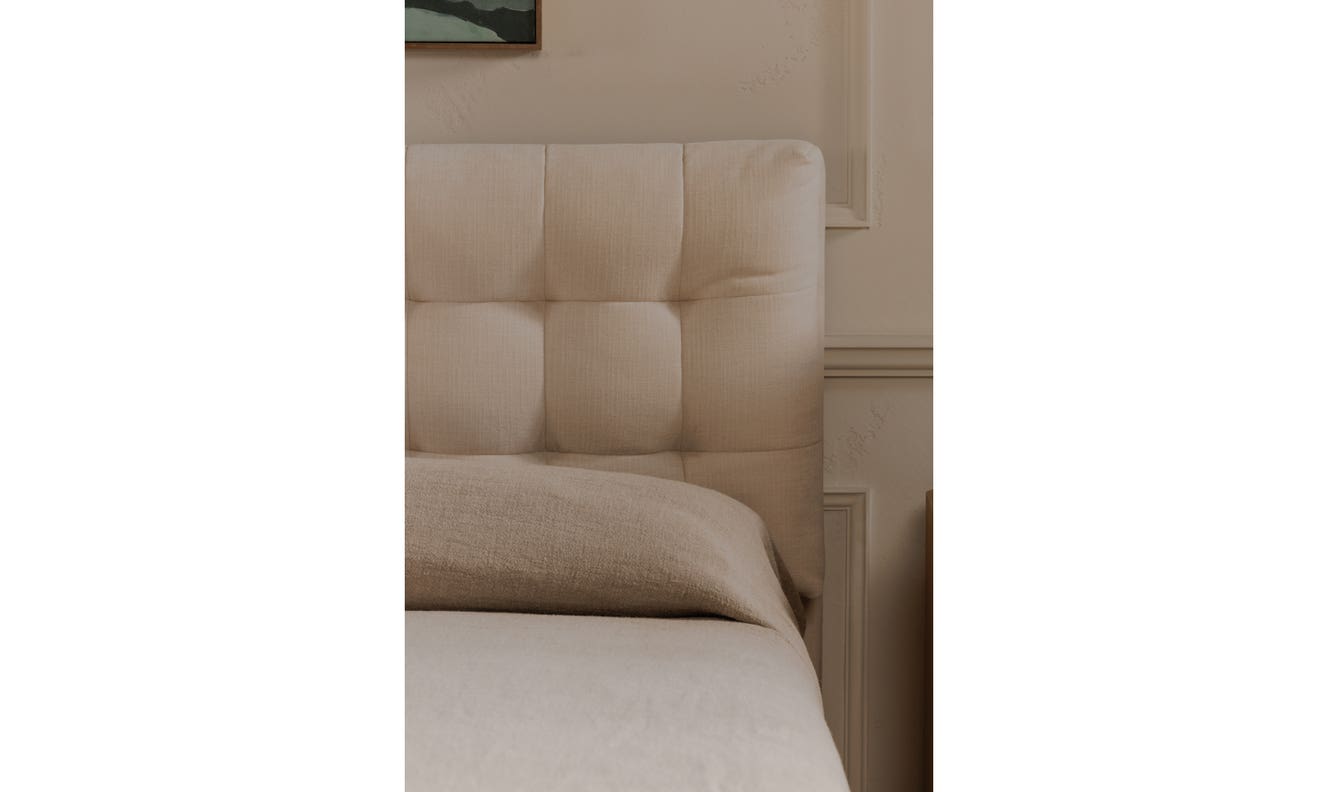 lifestyle view of Sebastion Queen Storage Bed Cream luxury Beds & Bed Fram