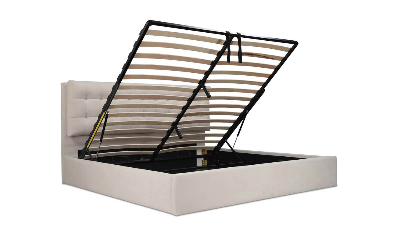 lifestyle view of Sebastion Queen Storage Bed Cream luxury Beds & Bed Fram