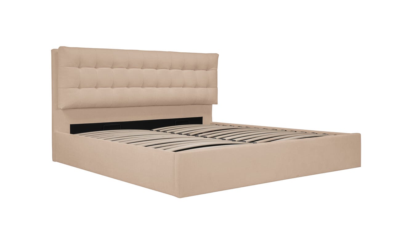 lifestyle view of Sebastion Queen Storage Bed Cream luxury Beds & Bed Fram
