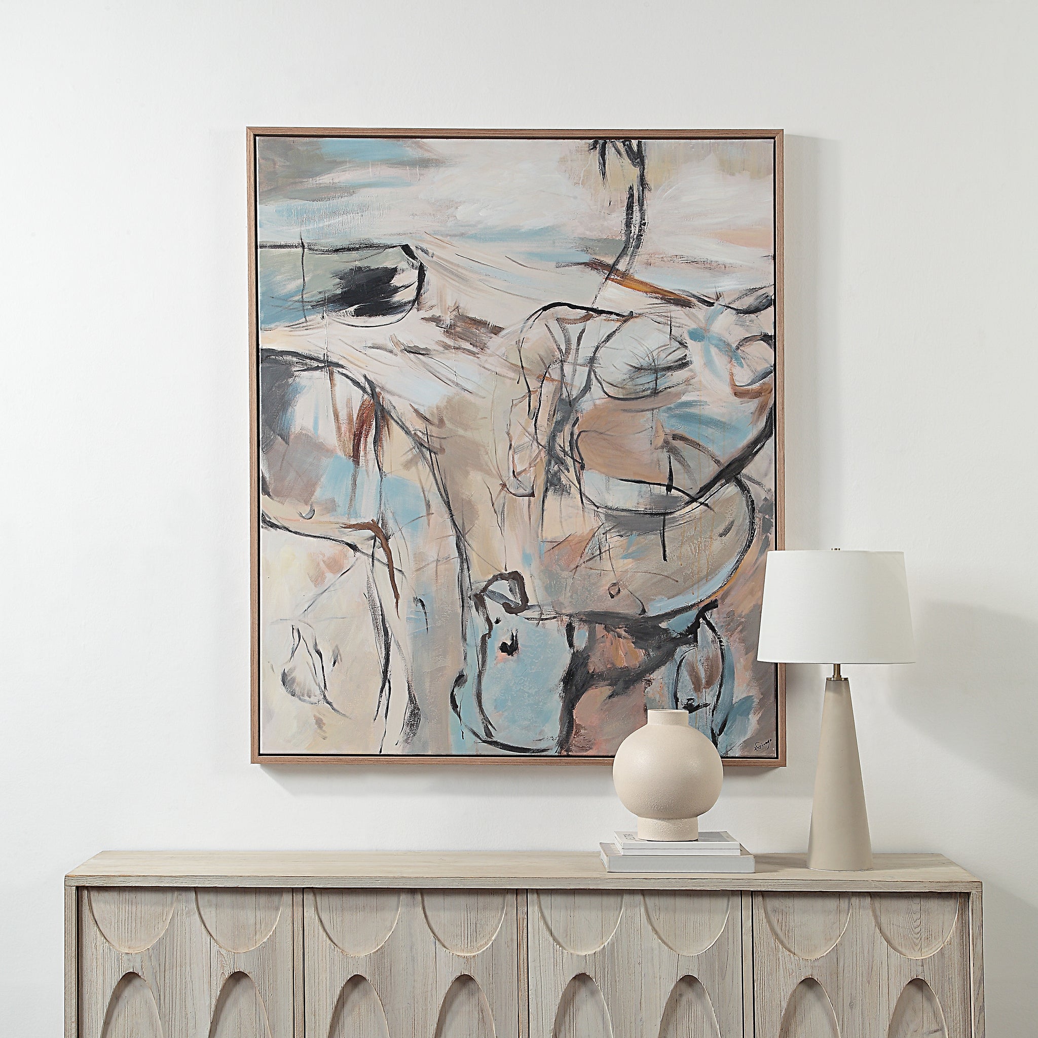 Roseline Canvas Art displayed in a room setting above a wooden console table