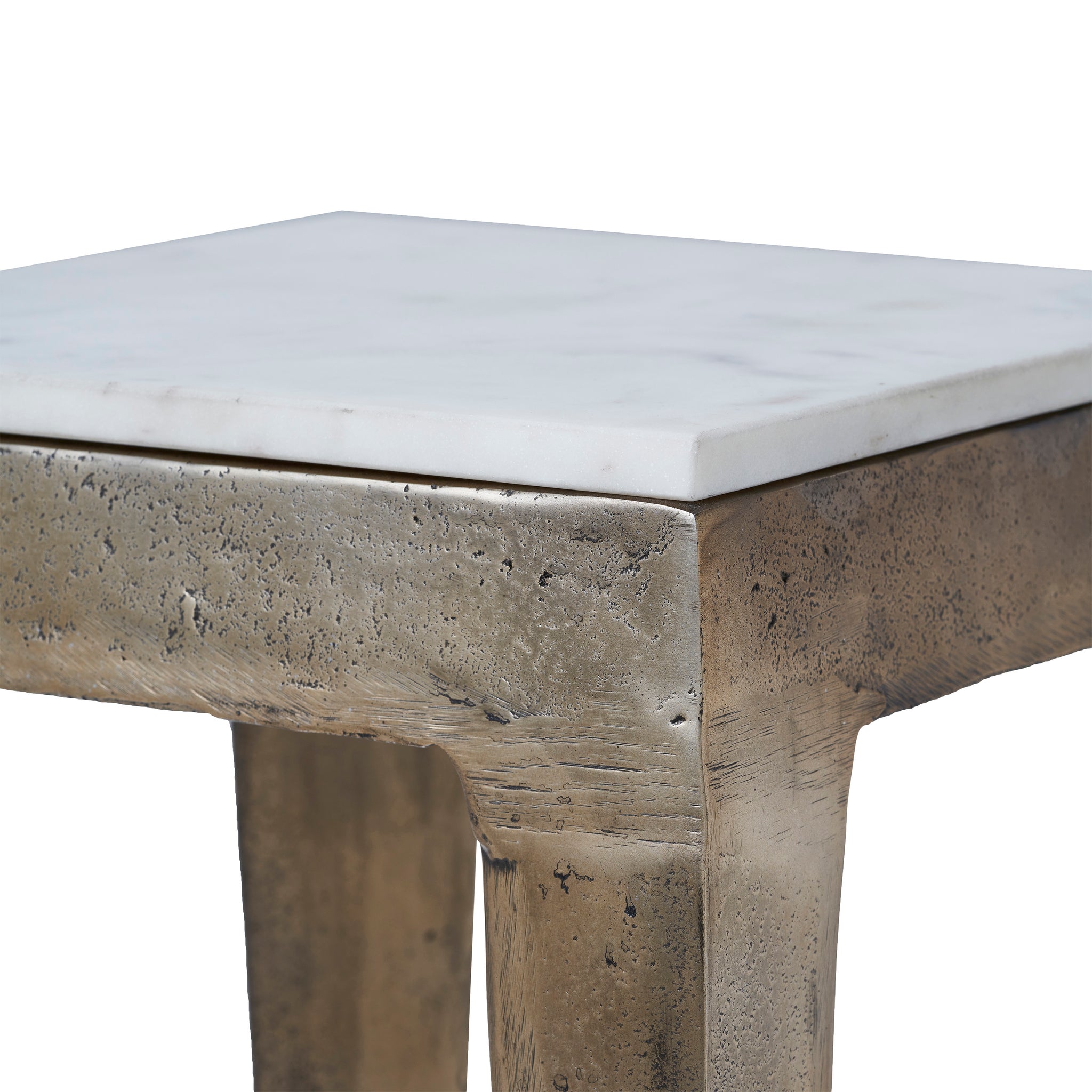 Abby Side Table close-up showing the marble top and bronze base