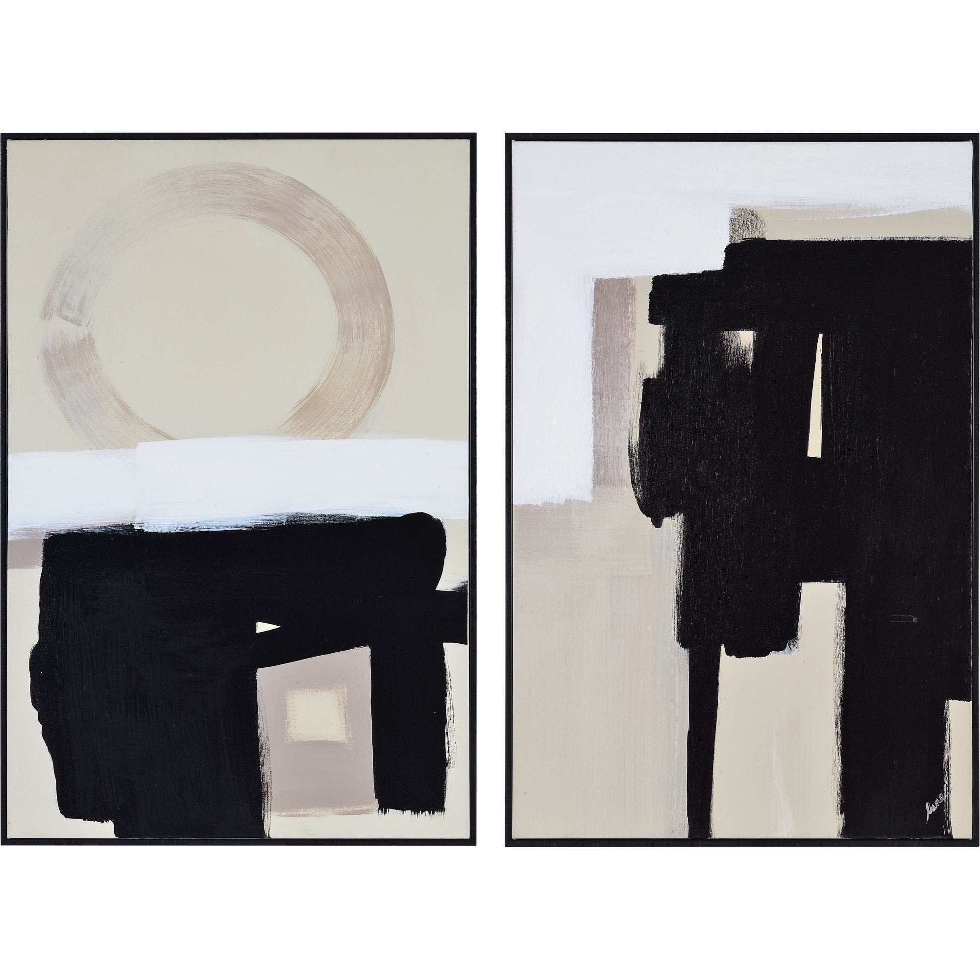 Telesto Canvas Art featuring abstract black and beige designs with circular and rectangular shapes.
