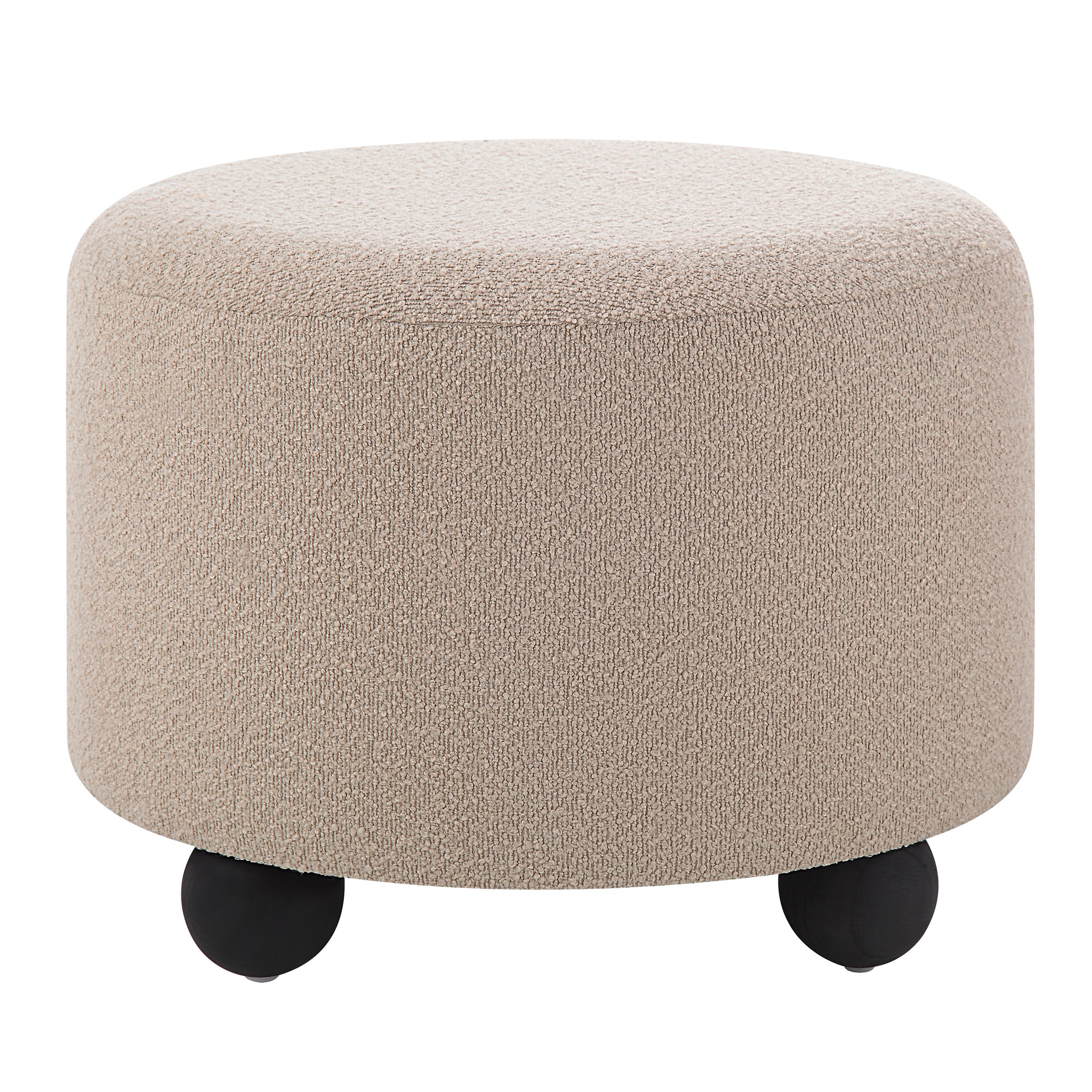 Claude Ottoman in beige fabric with round shape and black wooden legs