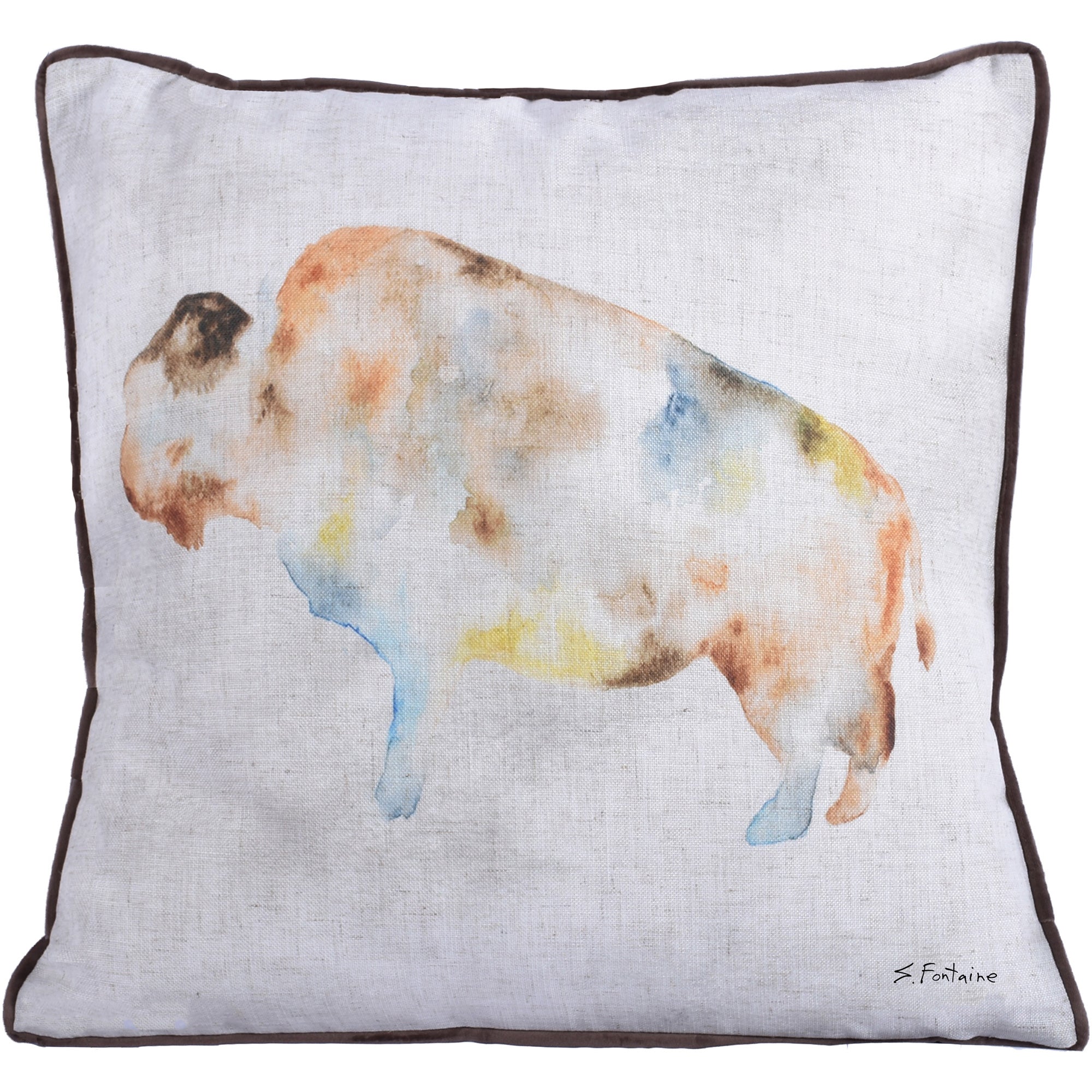Marla Indoor Pillow featuring a watercolor bison design on a light fabric background