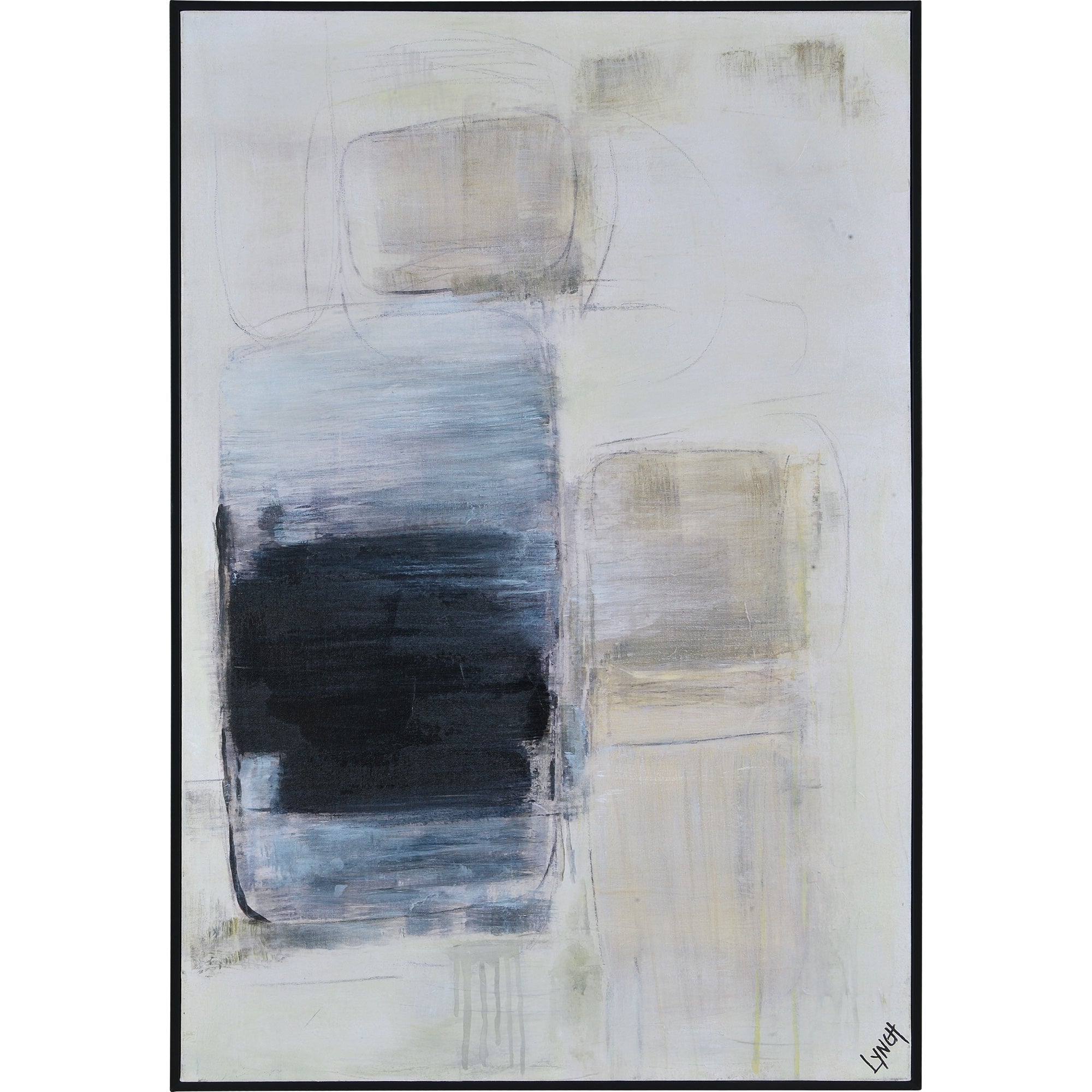 Leclaire canvas art featuring abstract shapes in blue, black, and beige tones on a light background.