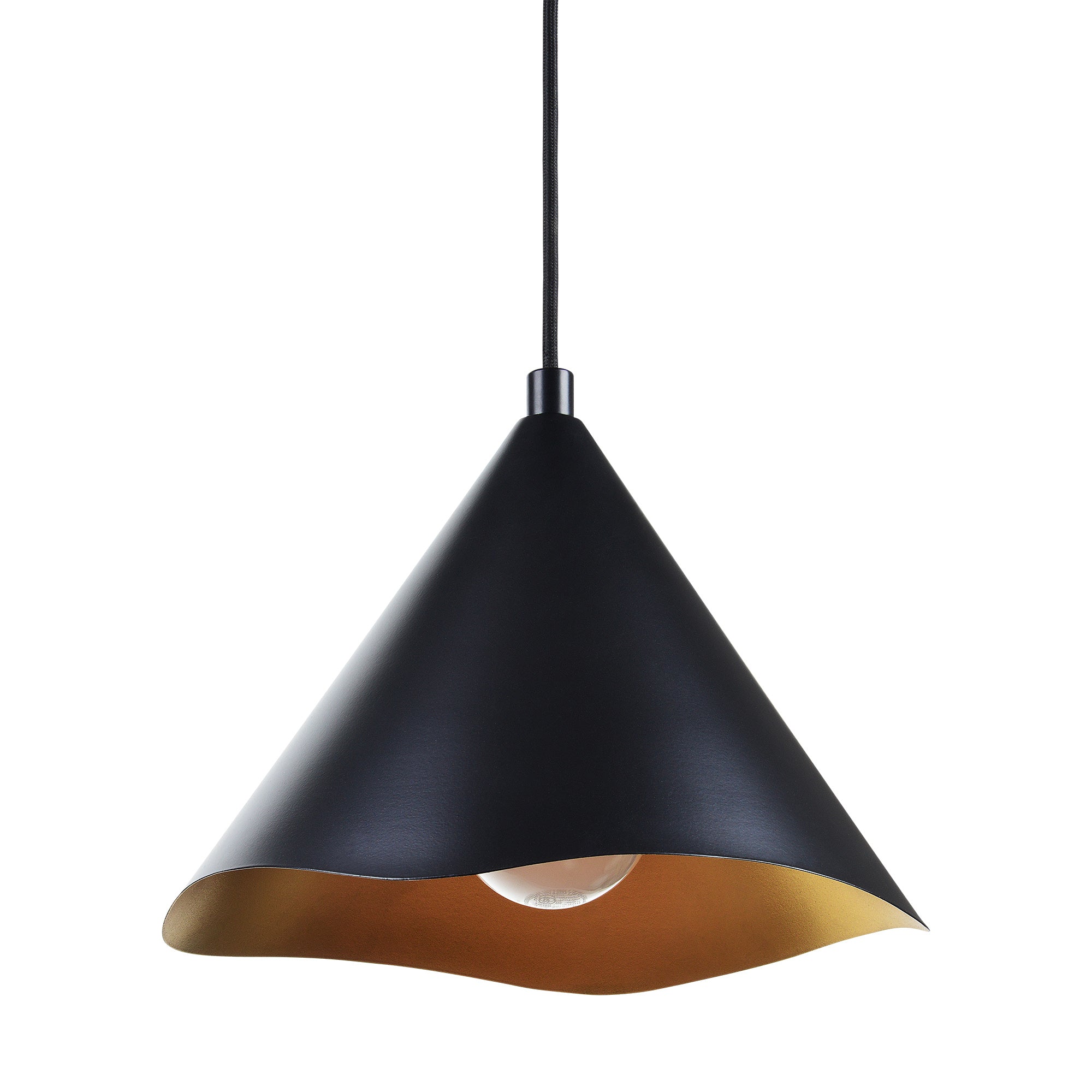 Cinder Ceiling Fixture in black with gold interior, conical shape, hanging from black cord.