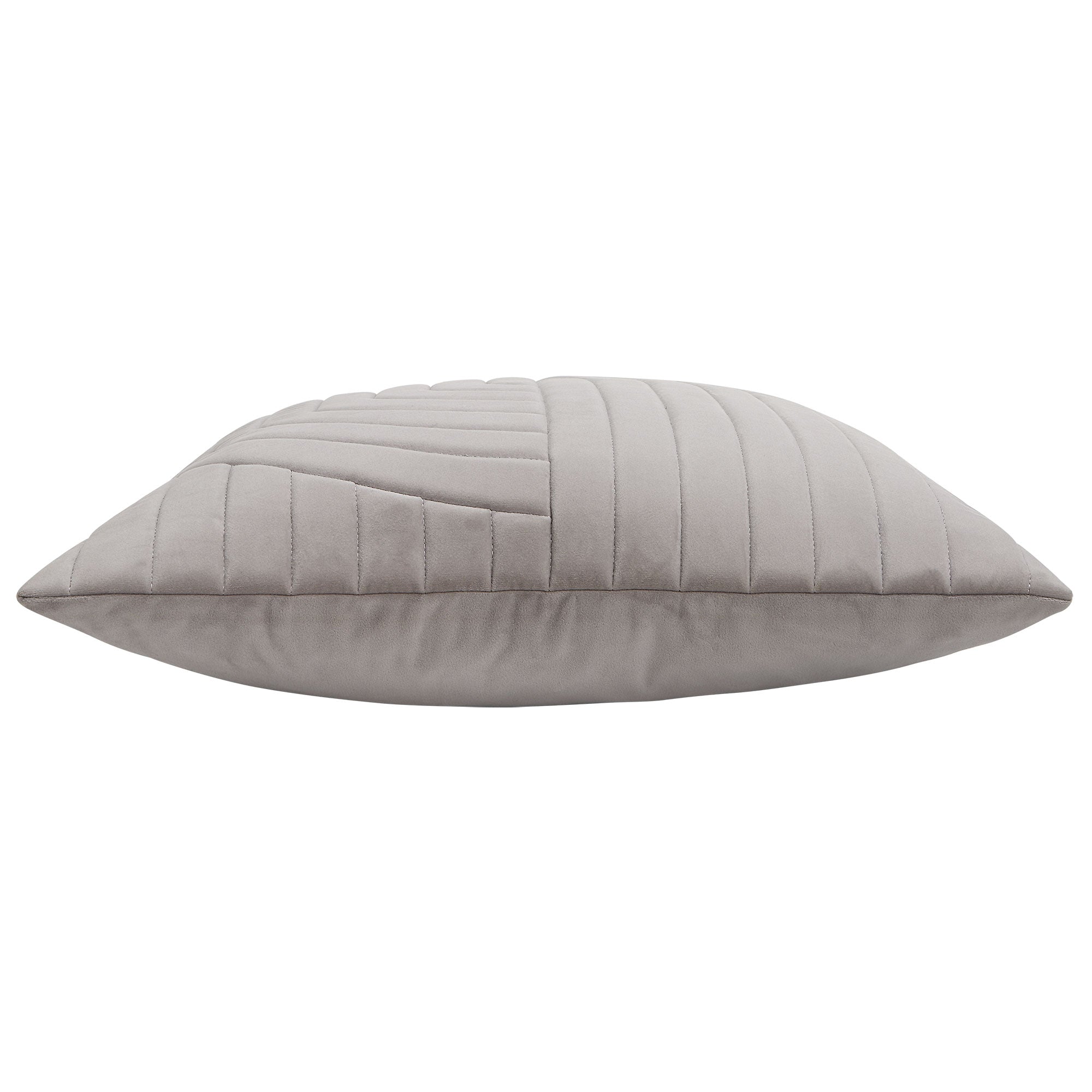Side view of Ultar Indoor Pillow in light gray with quilted texture.