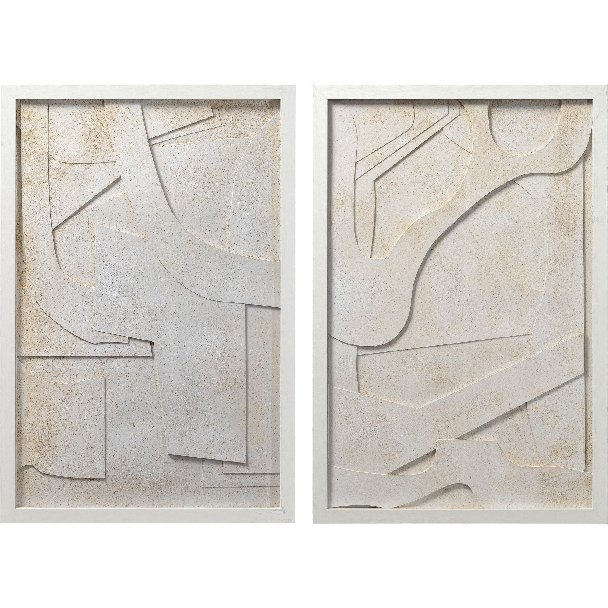 Pathfinder wall art featuring abstract white shapes with a textured finish in two frames.