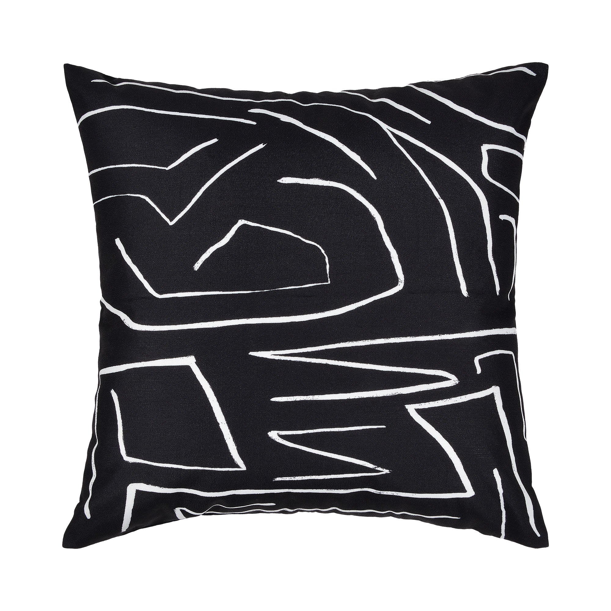 Ray Indoor Pillow in black with white abstract line design, square shape.