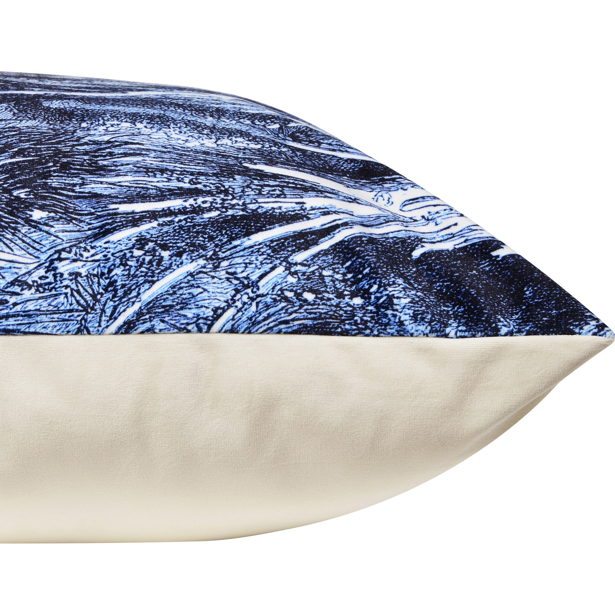 Jona Indoor Pillow side angle showing blue palm tree pattern and soft cream fabric.