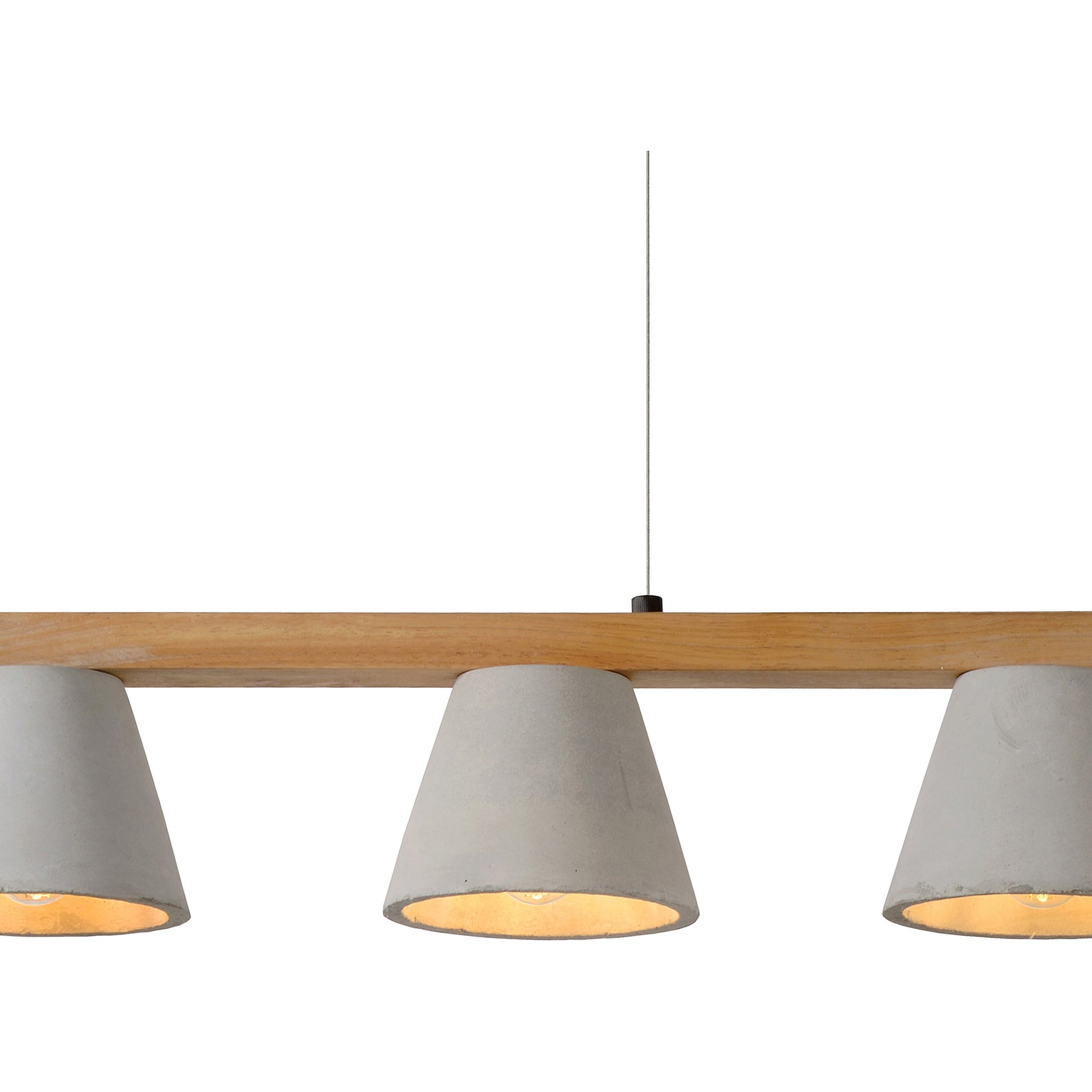 Zain Ceiling Fixture close-up showing three gray concrete shades with warm light, mounted on a wooden beam.