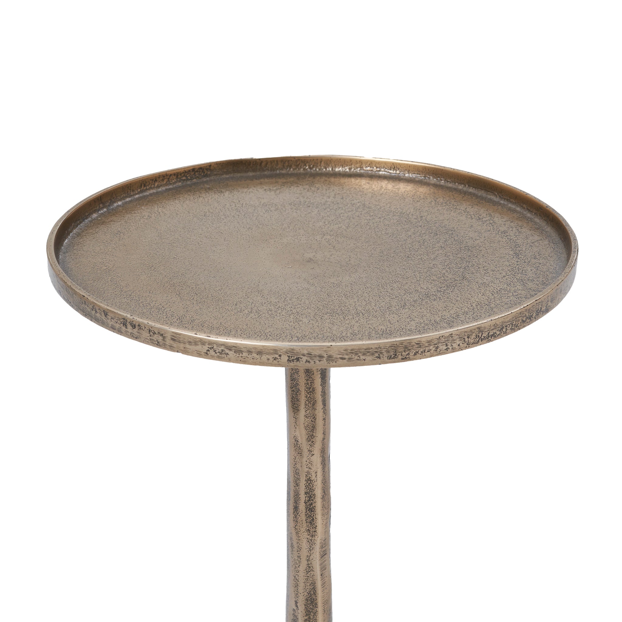 Dunn Side Table featuring a close-up of the round metallic top with a textured finish.