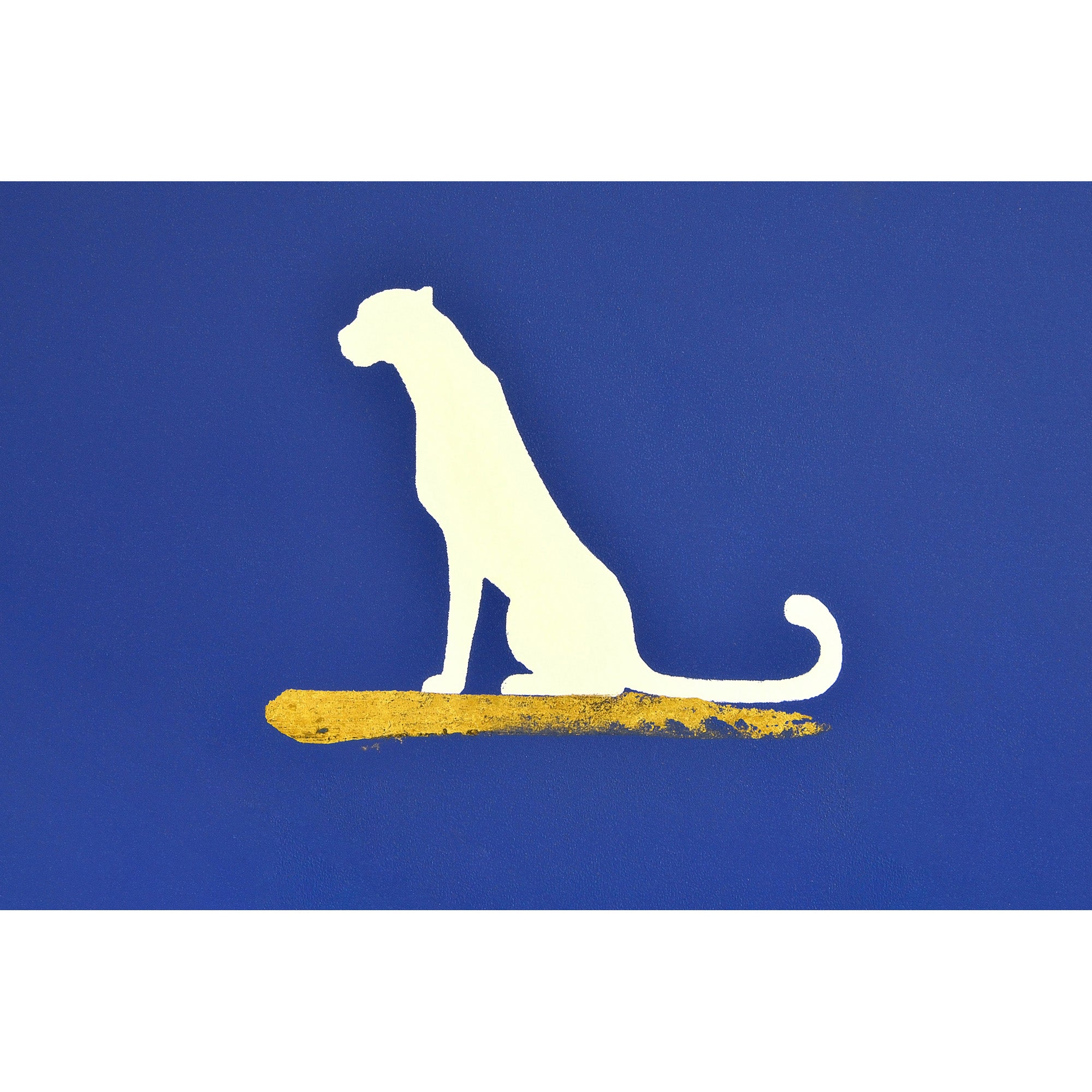 Makalu Wall Art displaying a sitting white dog silhouette against a blue background with gold highlights