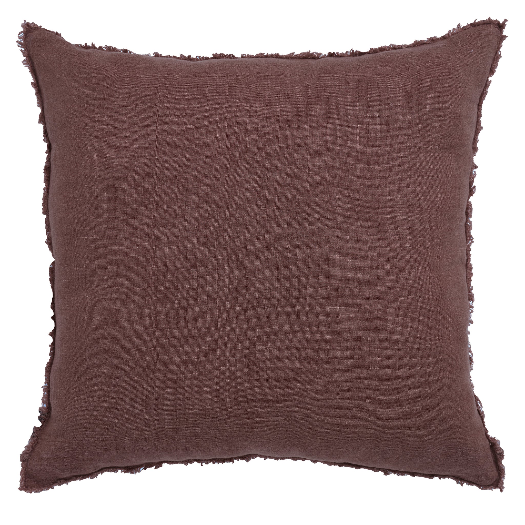 Pan Indoor Pillow in rich brown color with frayed edges, showcasing soft fabric texture.