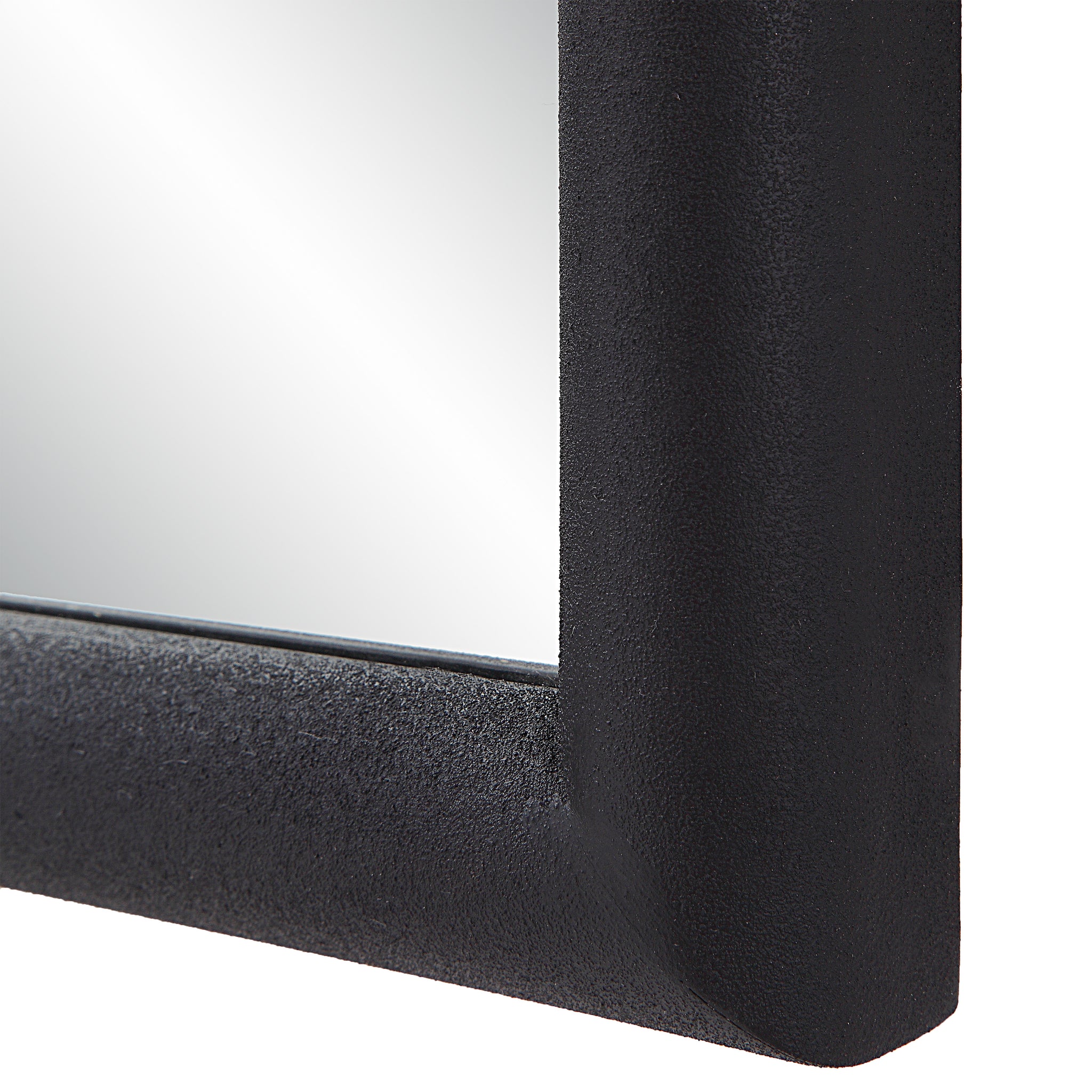 Close-up of Dovima Wall Mirror's black frame highlighting its textured surface.