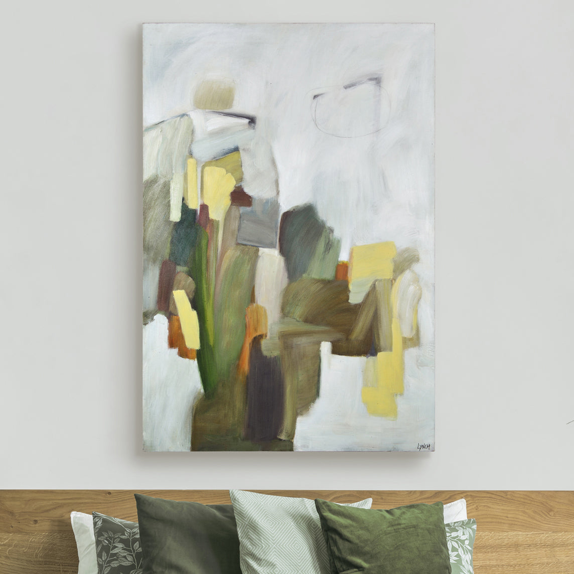 Leclaire canvas art displayed on a wall, showcasing abstract shapes in earthy tones.