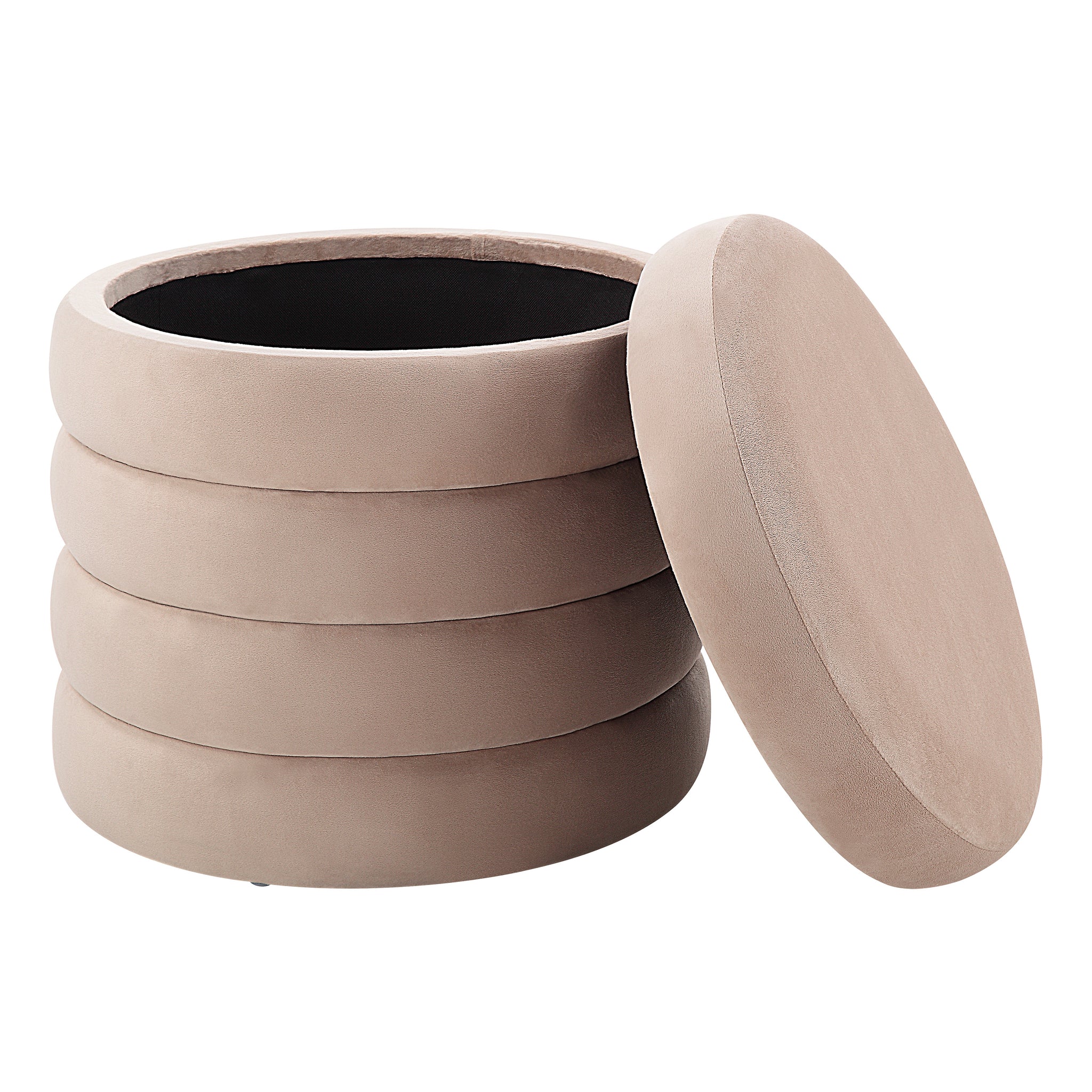 Lloyd Storage Ottoman in beige with lid removed, showing inner storage space.