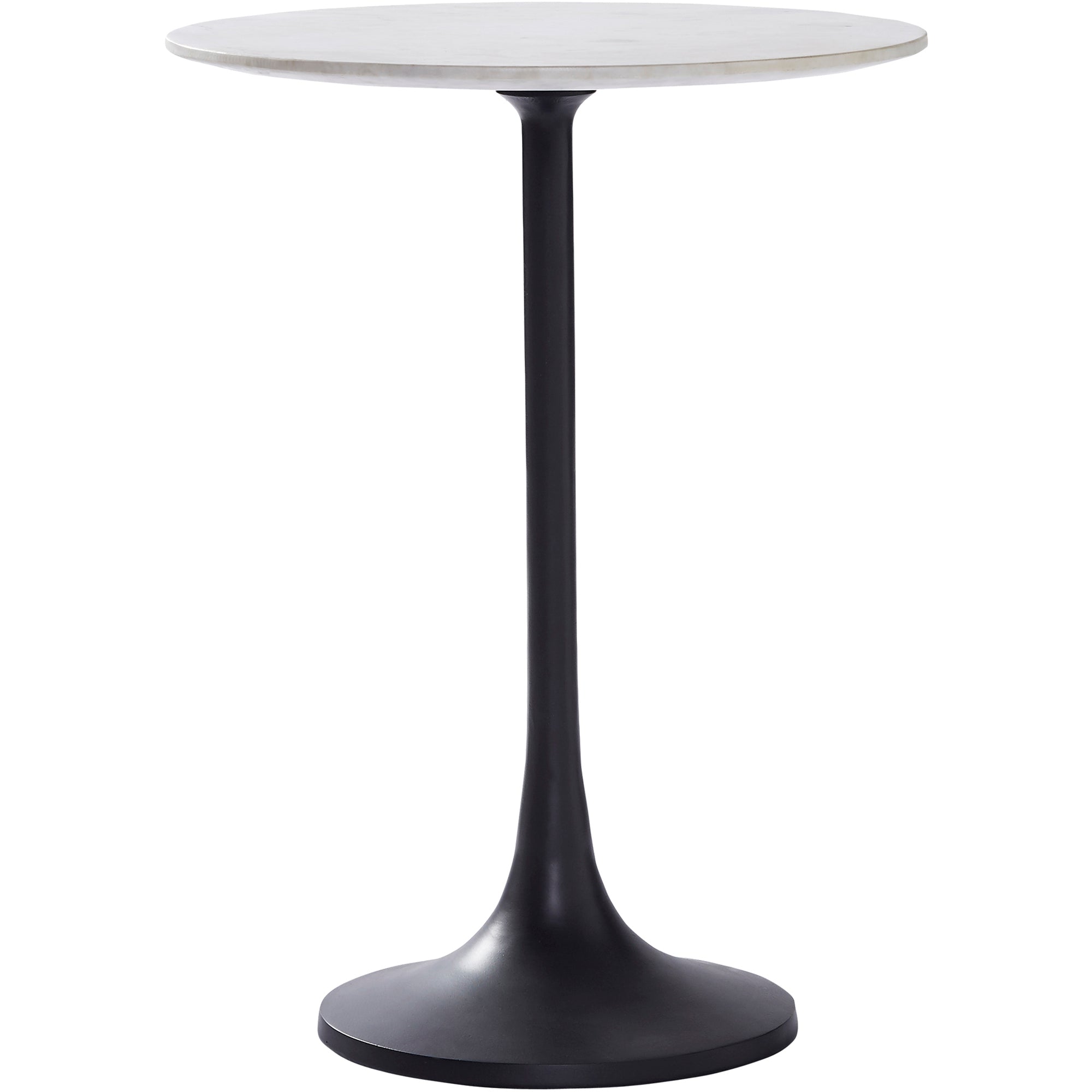 Mortain Table with round white marble top and black metal base, side view