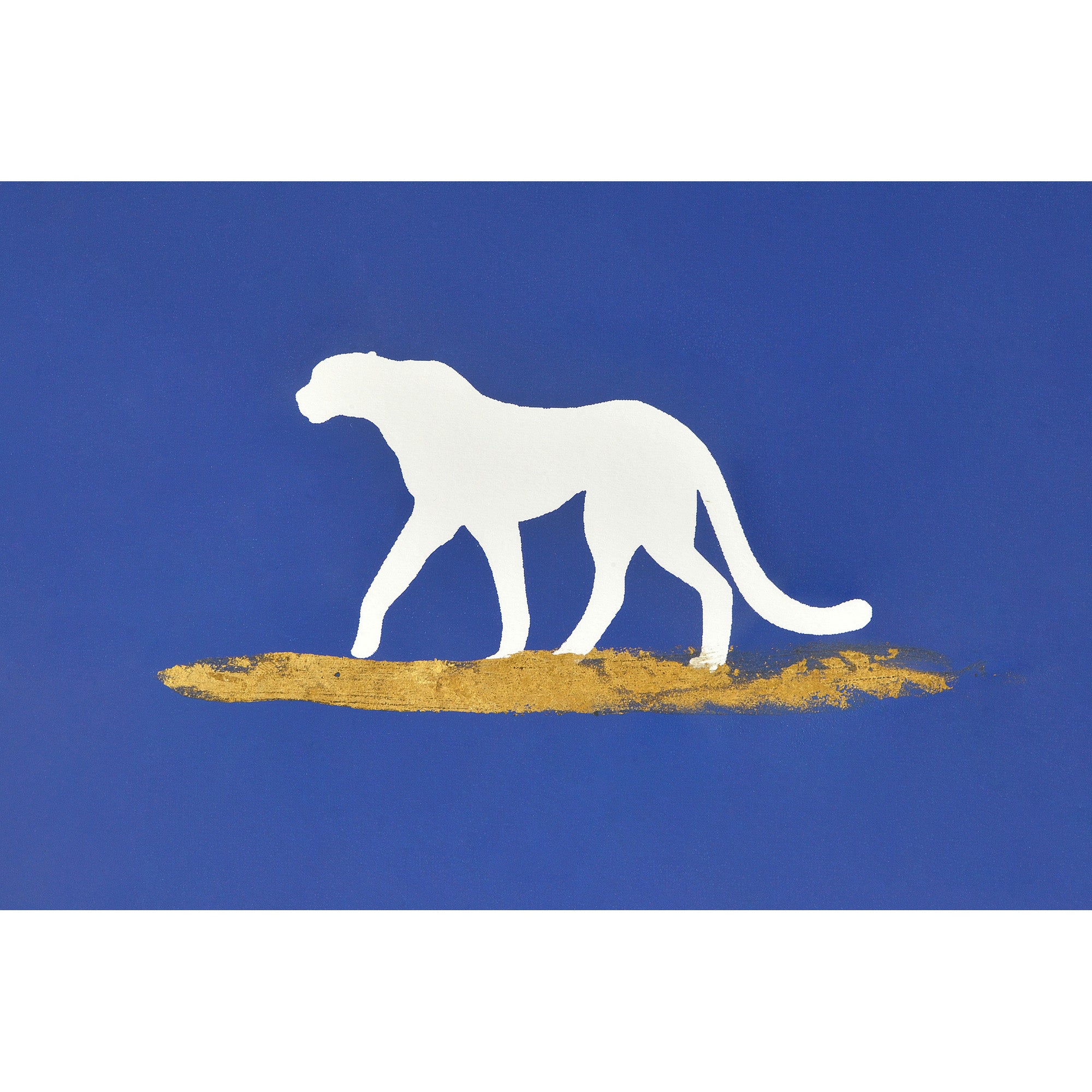 Makalu Wall Art showing a white silhouette of a cat walking on a blue background with a gold strip.