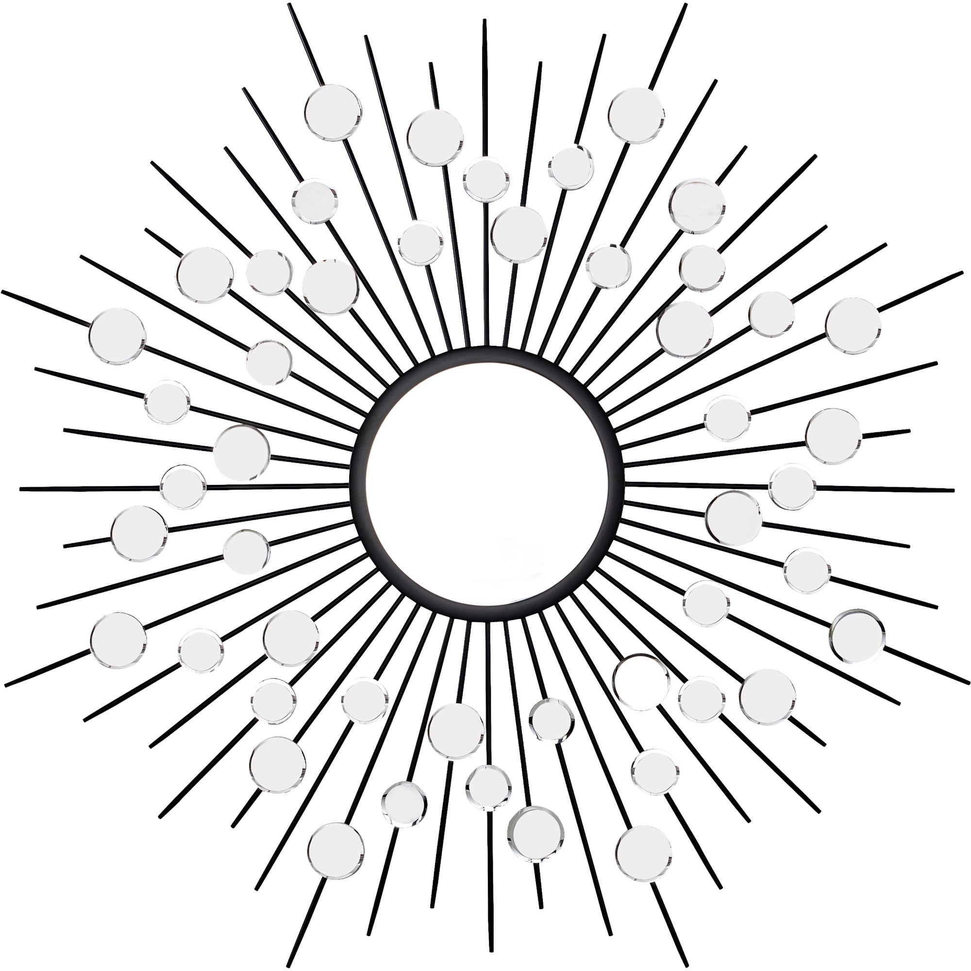 Maryam Wall Mirror with black rays and circular glass accents, sunburst design.