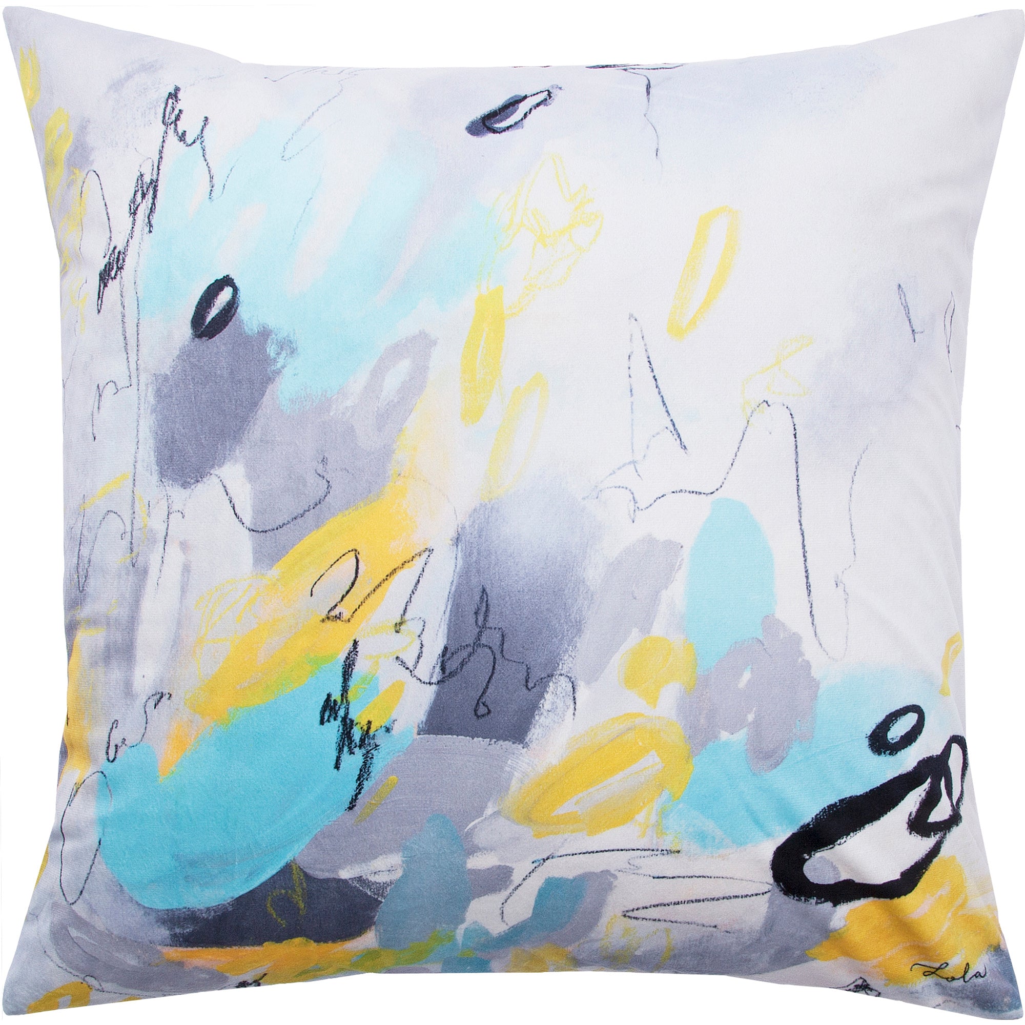 Faro indoor pillow with abstract design in blue, gray, and yellow tones on a white background.