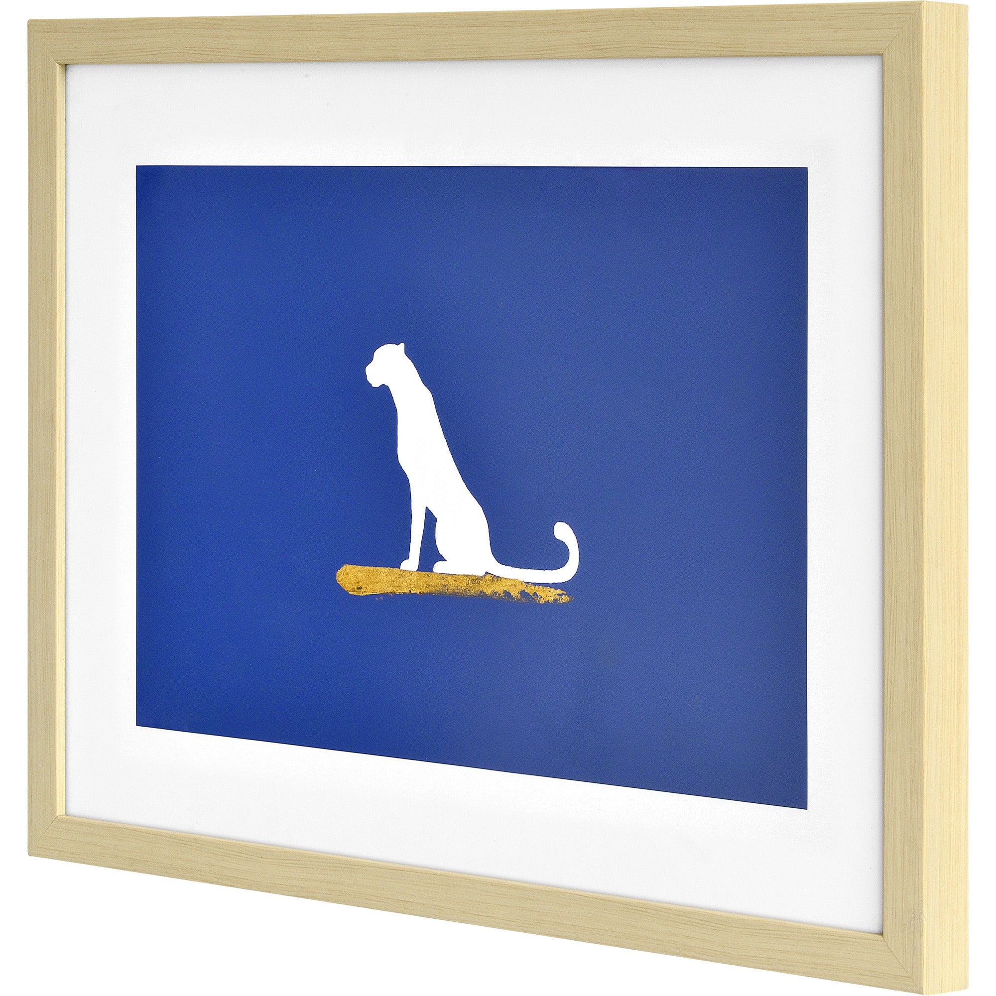 Makalu Wall Art close-up of a white dog silhouette on a blue background with a gold accent