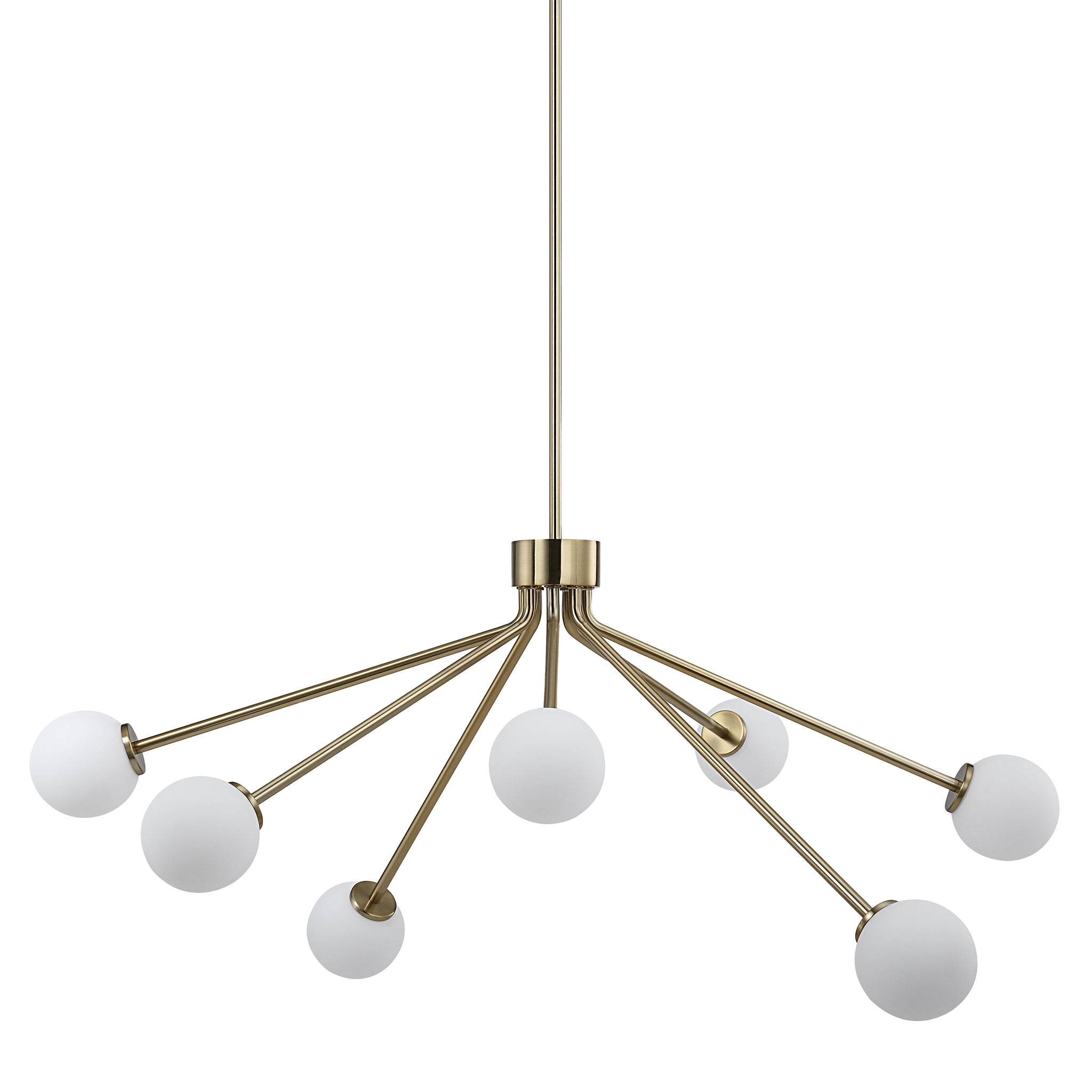 Mundo Ceiling Fixture featuring seven white globes, gold metal arms, stylish and contemporary hanging light.
