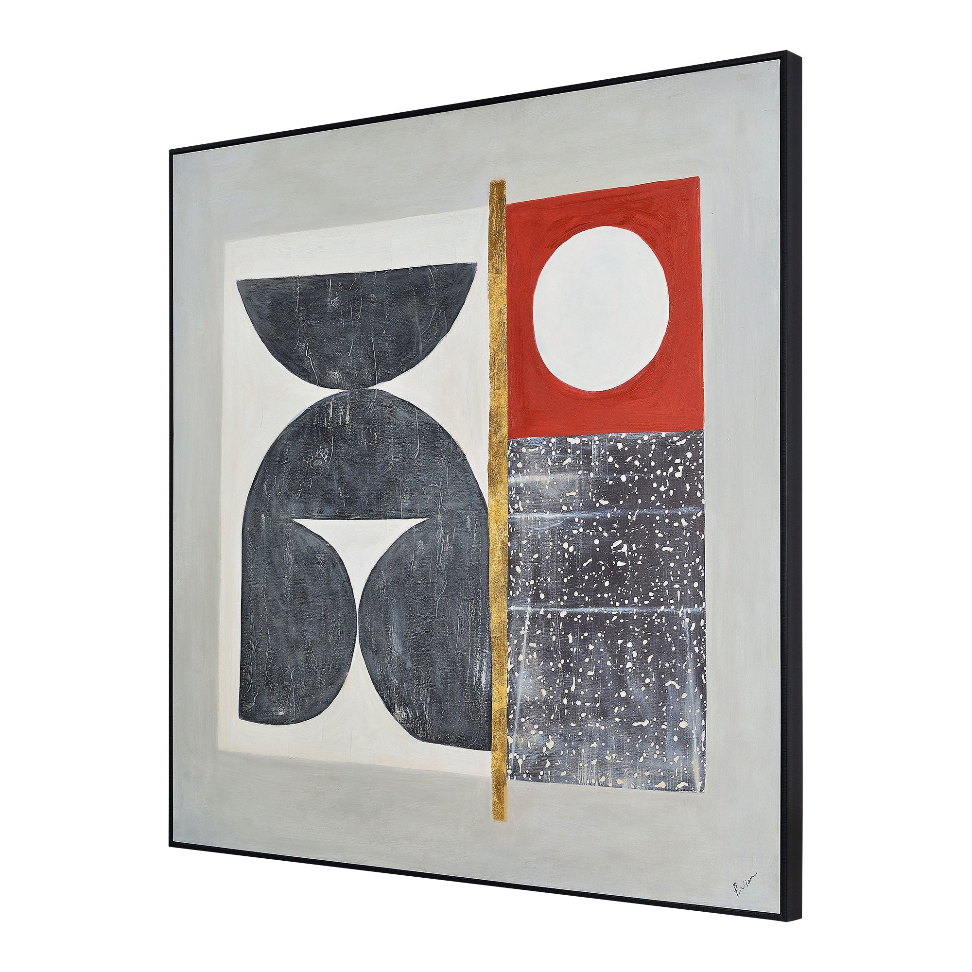 Marron canvas art viewed from an angle, showcasing geometric designs in gray and red.