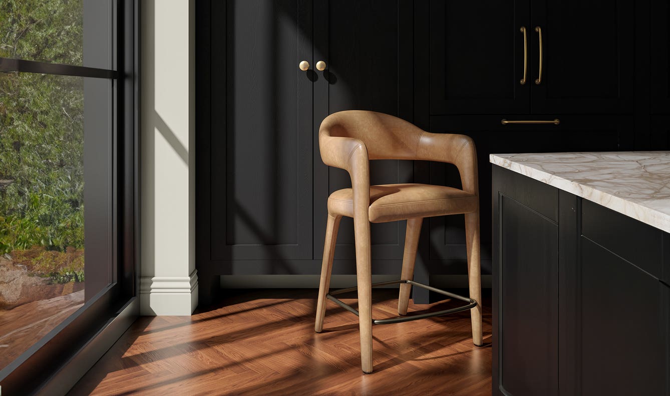 angle view of Martens Counter Stool Brown Leather luxury Chair